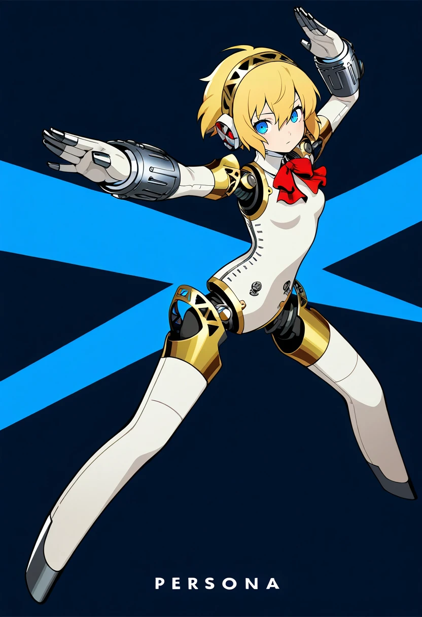 masterpiece, best quality,
1girl, aegis \(persona\), fighting stance, 1girl, android, blonde hair, blue eyes, bow, bowtie, expressionless, detached collar, hair between eyes, hairband, headphones, joints, looking at viewer, red bow, red bowtie, robot ears, robot joints, short hair, simple background, solo, full body, (ringed eyes:1.1), petite, from side, arm up, two-tone background, blue background, black background, english text, pose,