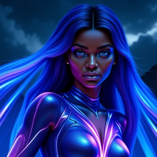 Haileigh, electric stormy night scene. The woman has a deep, with piercing blue eyes, and iridescent costume that glows with vibrant blue and purple hues, photorealistic CGI style, rich brown skin tone and striking, humanoid character with a deep blue, vibrant blue hue that contrasts with her bright, and his hair flows dramatically around his head in a stylized