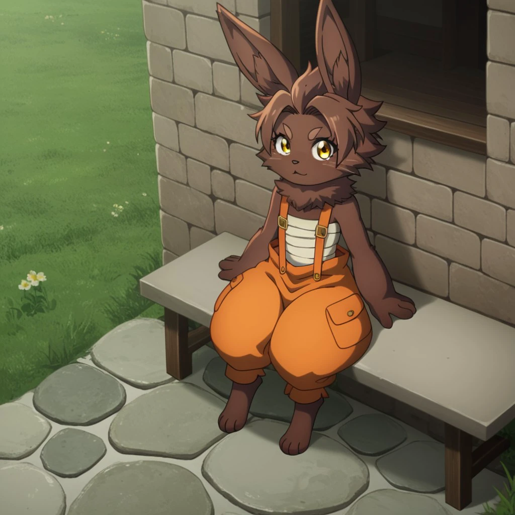 score_9, score_8_up, score_7_up, score_6_up, score_5_up, score_4_up, source_furry, Bilacslf, semi-anthro ,female, rabbit, brown fur, gold eyes, orange overalls, sarashi,  outside, sitting, on a wall, looking at the viewer, <lora:46eeec78-547f-4c56-b17b-d39f8b8f60a3:0.7>