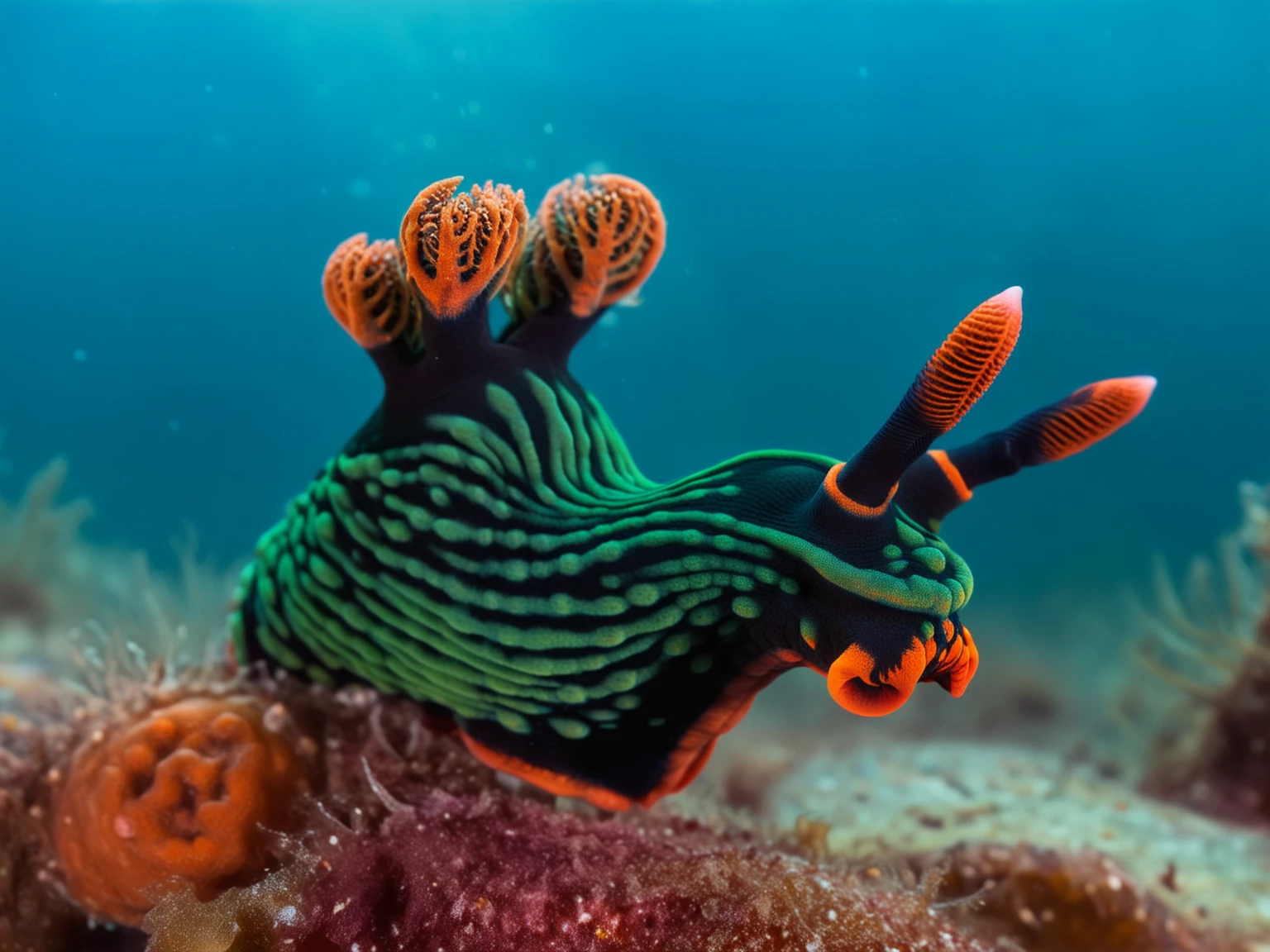 underwater photo from the side of a nembrotha kubaryana, head up, looking at viewer, water surface, light particles, marl, head focus, tunicates
BREAK
intricate detail, vibrant colors