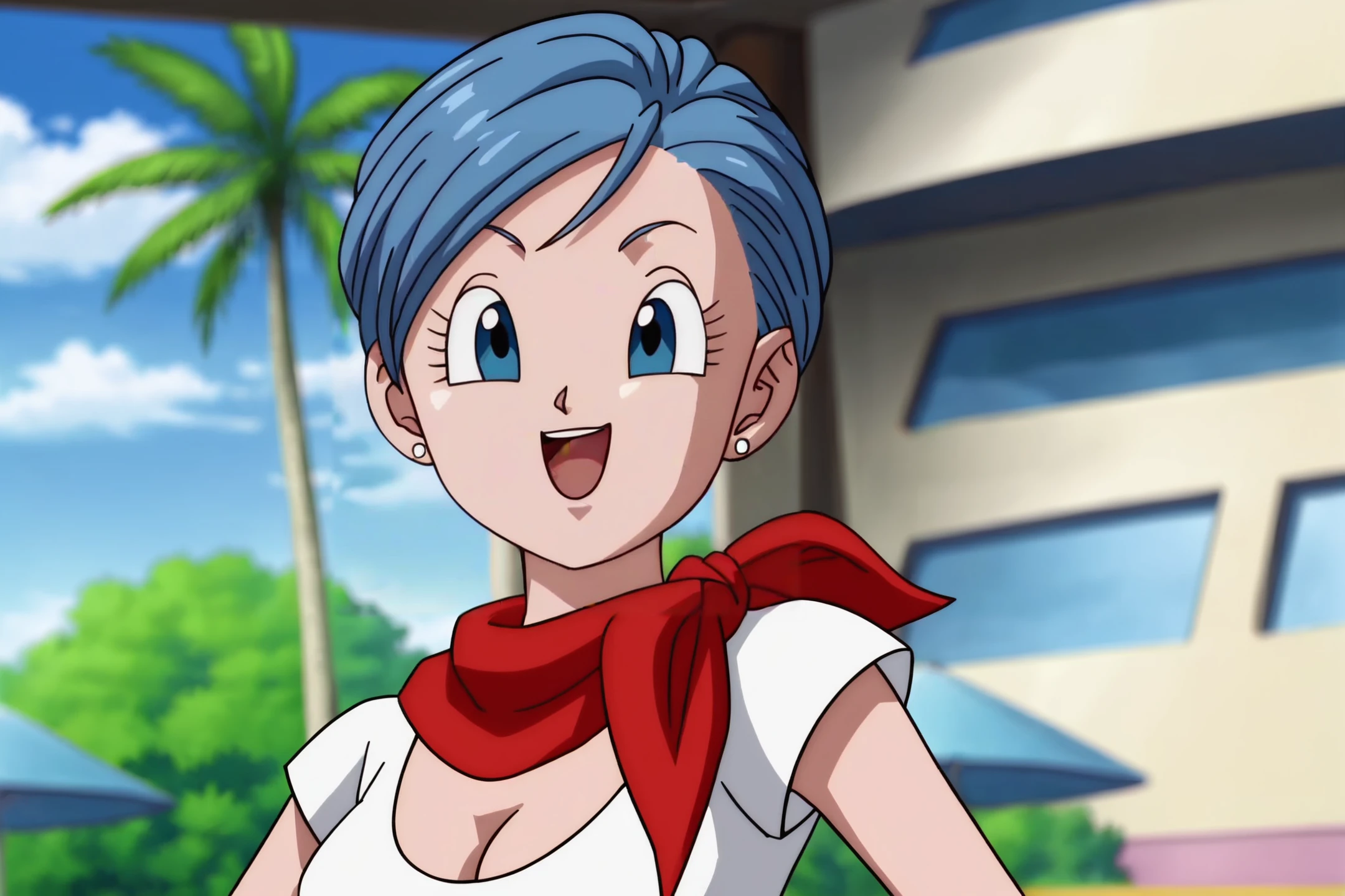 source_anime, score_9, score_8_up, score_7_up, anime screencap,8k, absurd res,
bulma, 1girl, solo, breasts, smile, short hair, open mouth, blue eyes, cleavage, jewelry, medium breasts, blue hair, white shirt, upper body, :d, earrings, outdoors, sky, day, cloud, blurry, tree, blue sky, red neckerchief, palm tree, official style, anime coloring, portrait,
 <lora:bulmaDBS_pony_v3:0.8>