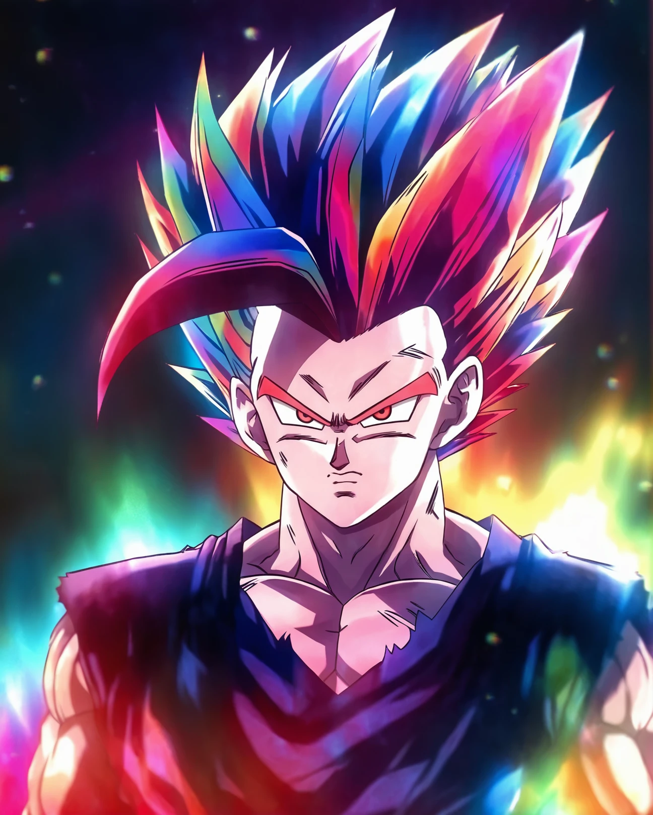 Beast Gohan with Lightning Ki aura of red flame color Spiky Long Glowing rainbow Hairs,upper body shot,practical light,hard shadows,<lora:Assassin:1>,depth of field,lens_flare,bokeh,chromatic_aberration,contour_deepening,aurora borealis,front view,