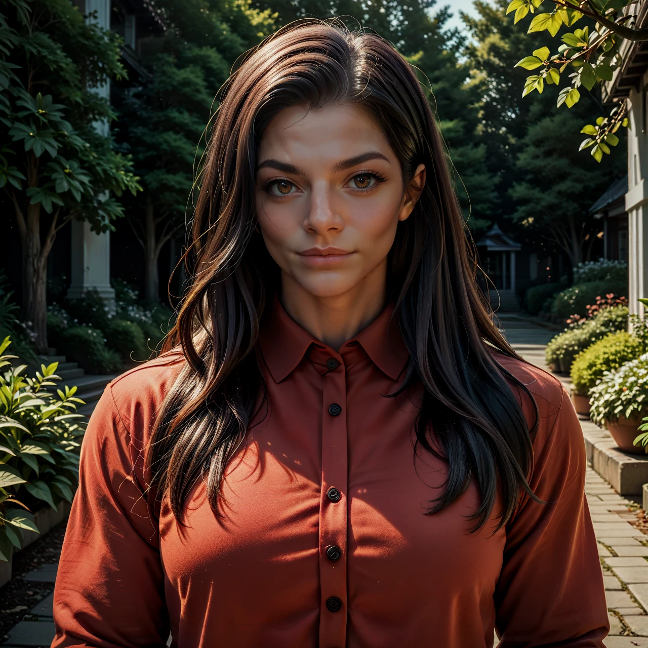 rating_safe, zPDXL3, score_9, score_8_up, score_7_up, score_6_up, score_5_up, score_4_up, highres, incredibly absurdres, highly detailed, dim lighting, outdoors, closed mouth, 1girl, solo,  <lora:ida_bergfoth:0.6> bergifoth, long hair, black hair, brown eyes, muscular female, looking at viewer, red collared shirt, long sleeves