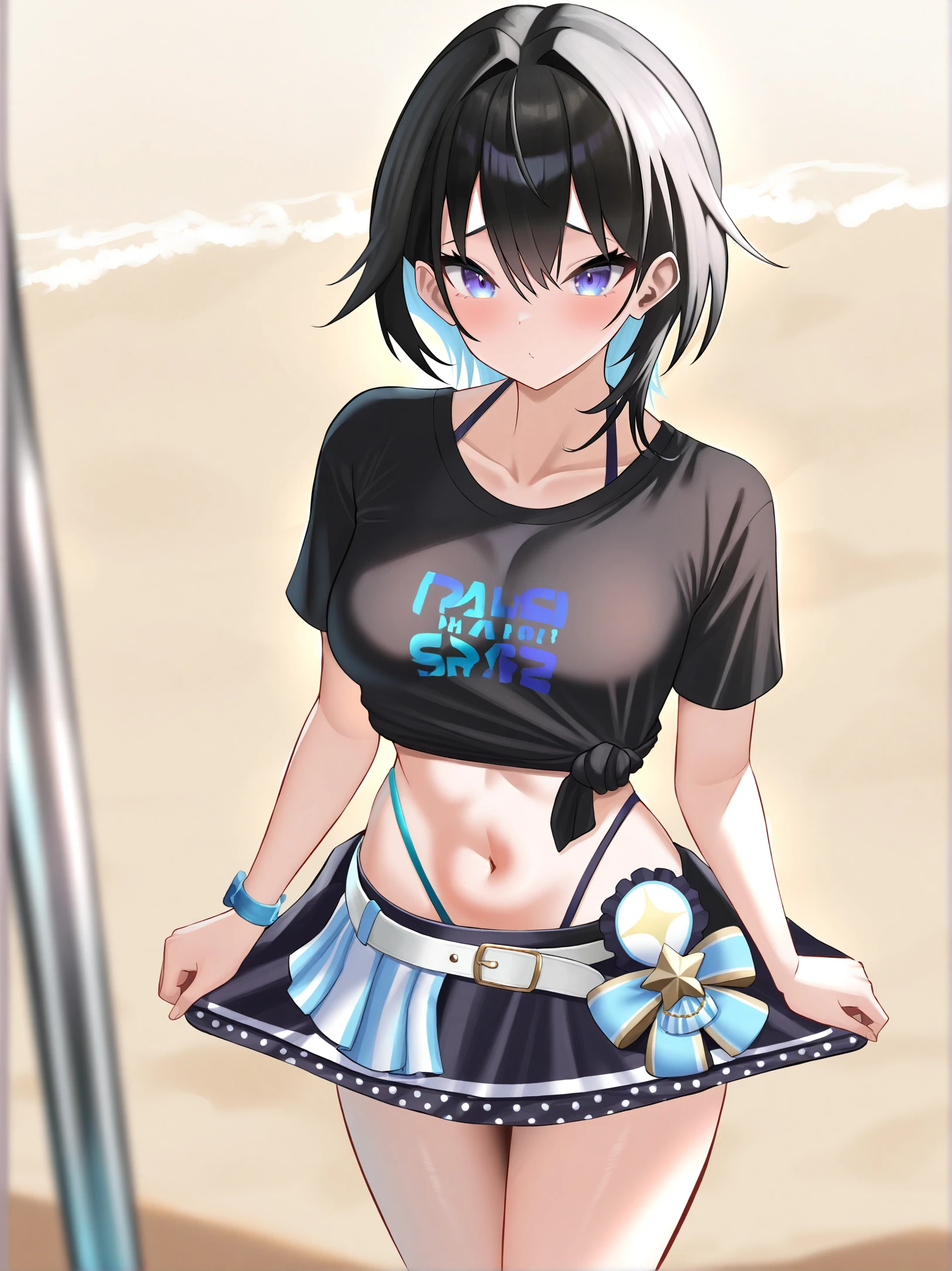 masterpiece, best quality, amazing quality, very aesthetic, absurdres, highres, newest, detailed, beach, <lora:hololivesummer2023swimsuitillustriousXL:1>, hololivesummer2023, 1girl, skirt, artist:jagoo, standing, cowboy shot, medium breasts, black shirt,