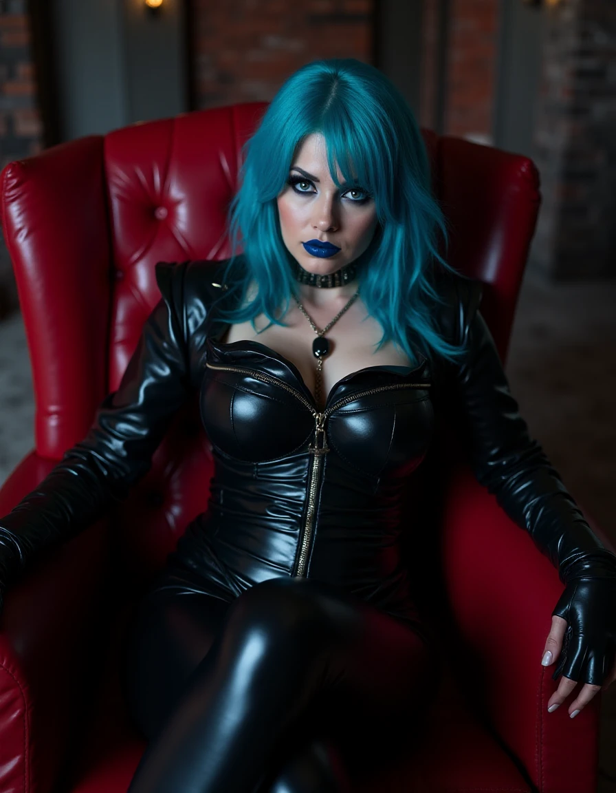 <lora:Alt4OneFLUX-000005:1> A woman with blue hair, gothic bimbo makeup, blue lipstick, blue eyes, Black latex clothing, gothic bimbo style, Big ass, slim waist, thick thighs, sitting on a red leather throne in a dungeon.