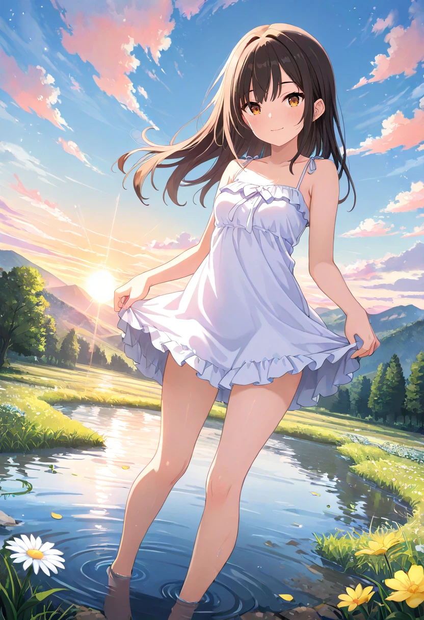 A nice white shirt that lets you see. 、Light blue flared skirt with ruffles、She lifts her skirt with both hands to show off her pretty white underwear.、Cute white underwear visible when you lift your skirt.、sandy beach, beautiful sea, night and starry sky small breasts