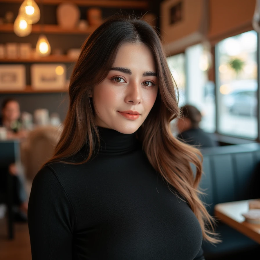 (A cinematic shot of <lora:ASMR_Wan:1> a young woman with a light to medium skin tone. a stunning female model, wavy hair, makeup and mascara. She is wearing a form fitting turtleneck dress, standing in cafe looking at the viewer)