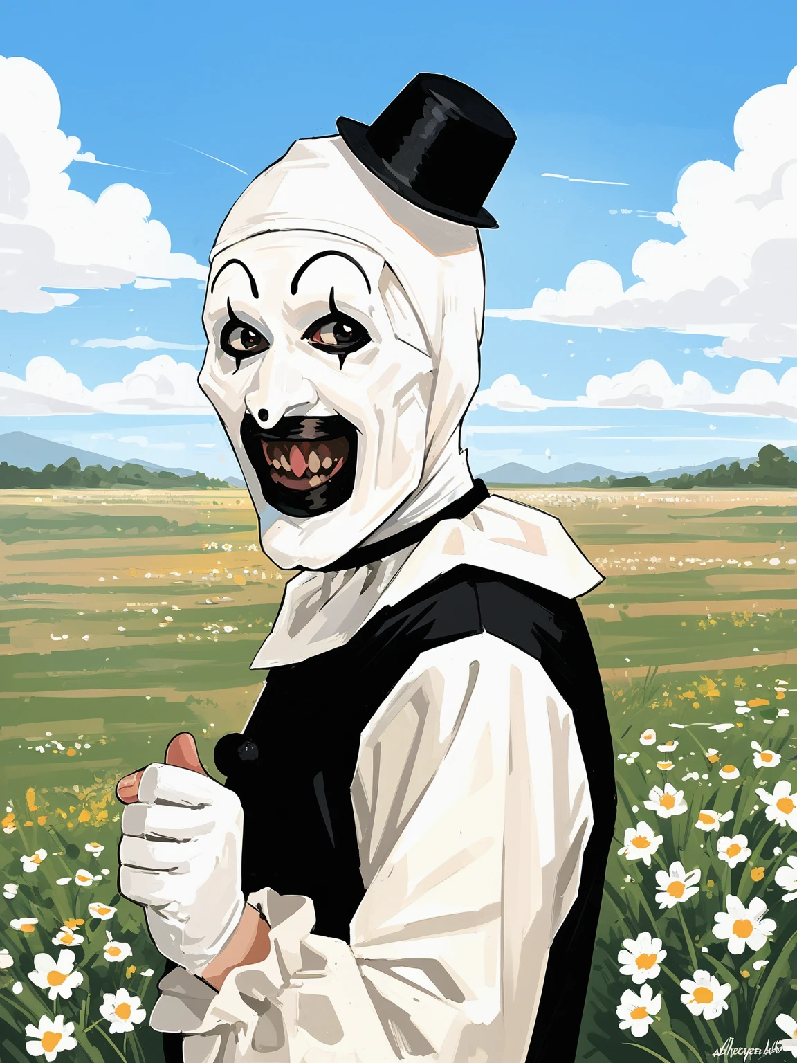 <lora:ArtTheClownN:0.8>, art_costume, art_the_clown, <lora:art_the_clown:0.35>, black eyes, male focus, white and black costume,
scenery, running in flower field, hands to side, smile, happy, cowboy shot, sky, dutch angle, upper body, high grass, solo, looking to the side, open mouth, from side,
, 5_fingers, <lora:MandradjievRassstrovV2:0.8>, zPDXL3