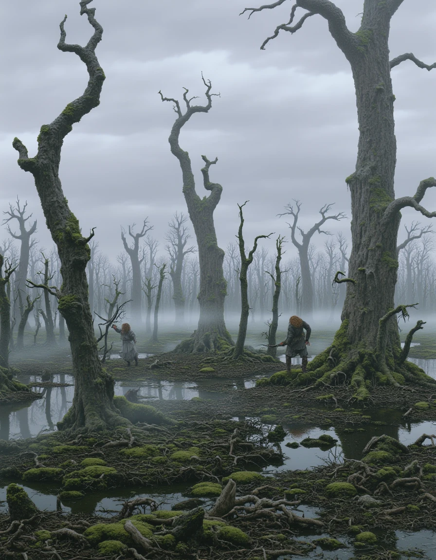 a painting of the Fellowship of the Ring, Bilbo and Aragorn stumbling through the dead marshes stretch endlessly under a gray sky, their stagnant pools reflecting pale lights that dance beneath the surface. Twisted trees rise from small islands of solid ground, their branches heavy with hanging moss. A thick mist clings to the water's surface, obscuring distant horizons.
<lora:TedNasmith_MiddleEarth-flux-v1:1.25>