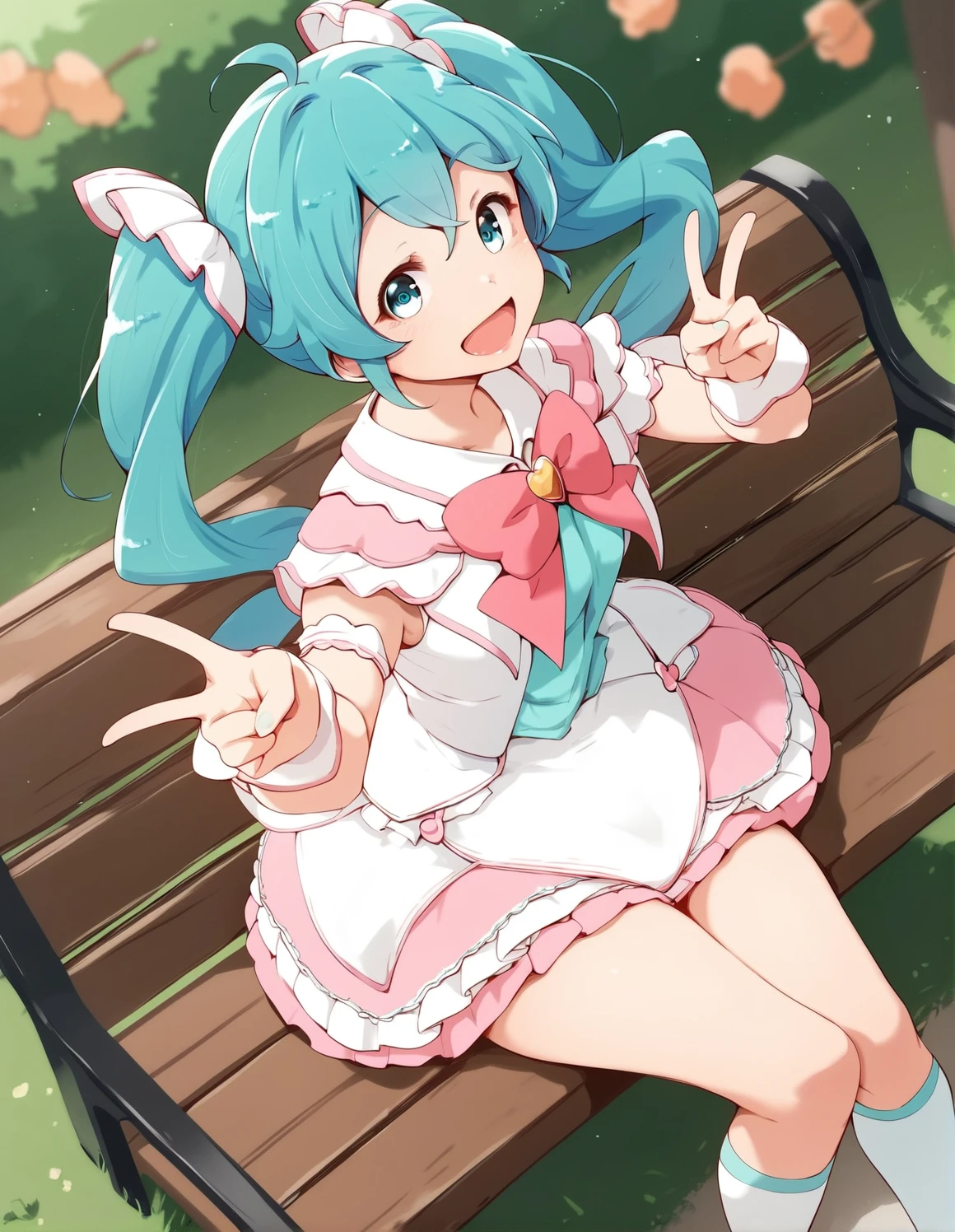 score_9, score_8_up, score_7_up,score_6_up,score_5_up, 1girl sitting on a park bench, dutch angle, smile, v, (hatsune miku:0.6), open mouth, magical girl, 
 <lora:yonekura_hisaki_pony6_v1-000035:.8>