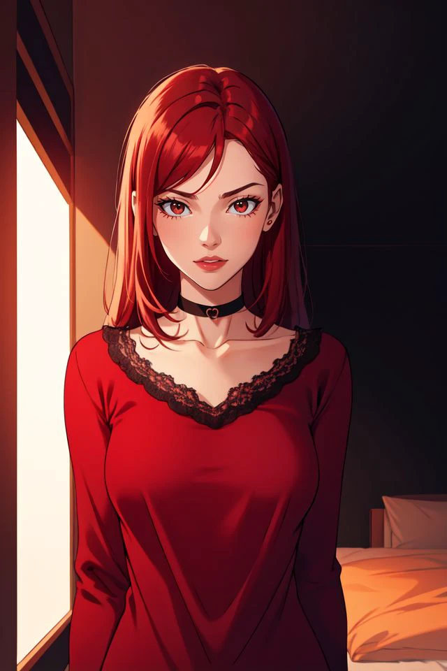 A young, cute 18-year-old Brazilian girl with a very slim and skinny figure, redhead, wearing a red lace choker around her neck and soft cateye makeup. She is dressed in an oversized knit jumper, exuding a cozy and softcore vibe. The warm, gentle lighting adds to the comfortable, Instagram-style aesthetic. The scene focuses on her upper body, with a cinematic feel and tones of black and red (black and red:0.85). A beautiful sunset in the background creates a soft, glowing ambiance (sunset beautiful background:1.3). The image is sharp, with dim and muted colors, enhancing the warm, intimate mood (dim colors). Her youthful and relaxed demeanor shines through in this Instagram-worthy shot with a red theme. (Instagram style, red theme, upper body shot)