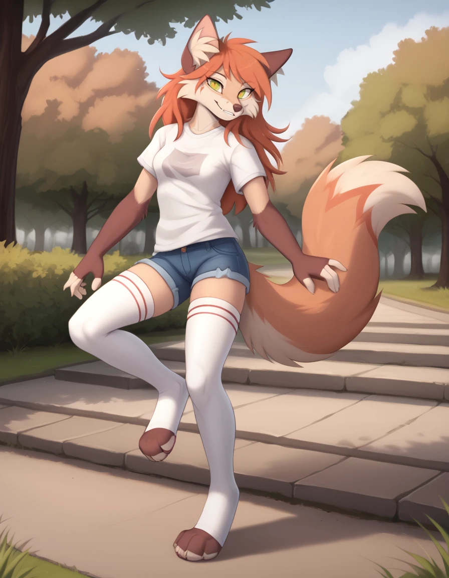 outdoors,detailed background,park, 
Kiri,1girl,solo,animal ears,furry female,body fur,snout,animal nose,green eyes,tail,bangs,white fur,long hair,two-tone fur,orange hair,red hair,animal ear fluff,brown fur,fox ears,sidelocks,fox girl,yellow eyes,fox tail,
smile,happy, 
full body,pose,
denim shorts, white t-shirt, white thighhighs, 
<lora:Kiri_v01_PDXL:1>,