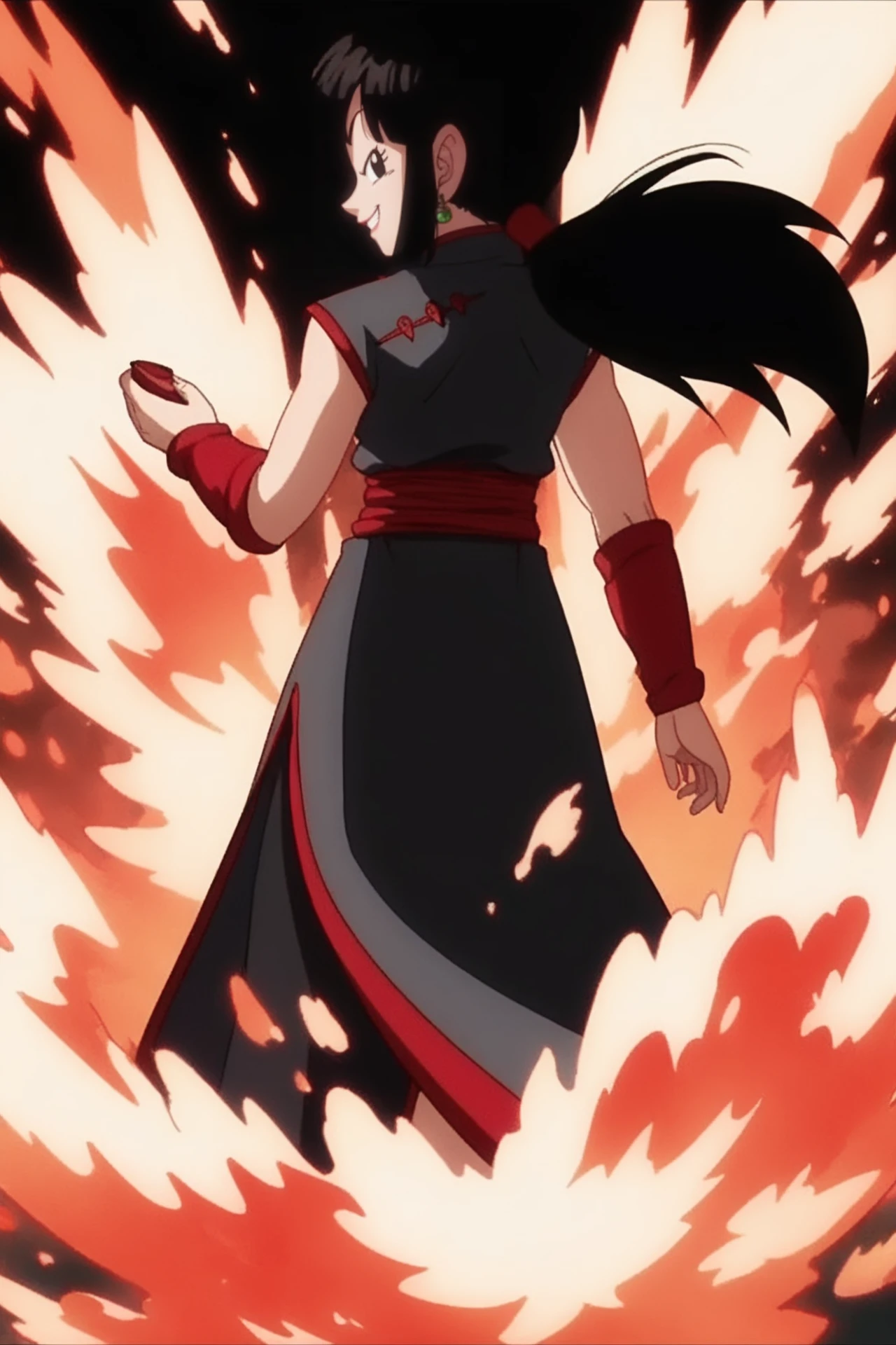 source_anime, score_9, score_8_up, score_7_up, anime screencap, absurdres, official style,
chi-chi black, looking back, 1girl, solo, long hair, black hair, sidelocks, ponytail, black eyes, sleeveless dress, black dress, red trim, chinese clothes, china dress, red wristband, red sash, evil smile, v-shaped eyebrows,  from behind, standing, flame, arms by side, black background, fire
<lora:chichiDBS_pony_v1:0.8>