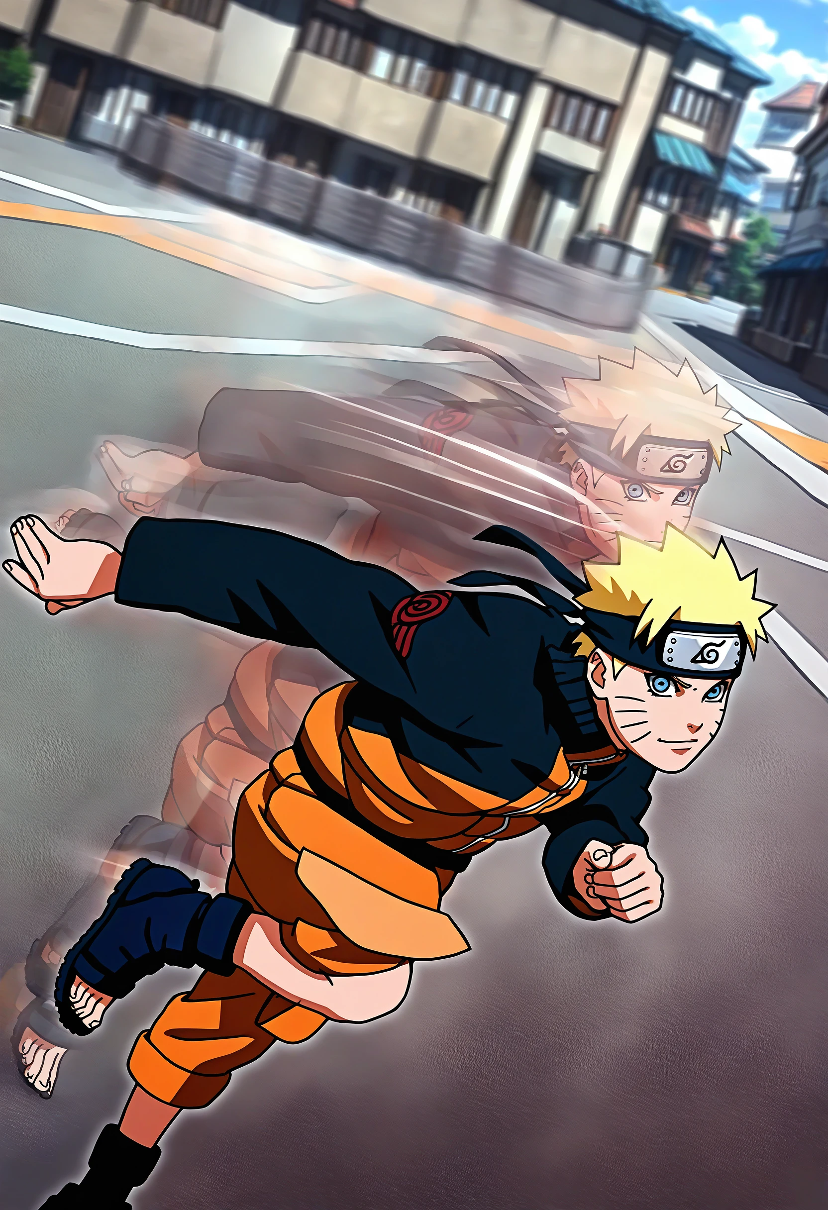 masterpiece, best quality, motiontrail, afterimage, motion trail, motion lines, motion blur, <lora:MotionTrail_illusXL_Incrs_v1:1>, running, uzumaki naruto, naruto shippuuden, kuji-in, street, building, dutch angle, foreshortening, looking at viewer,