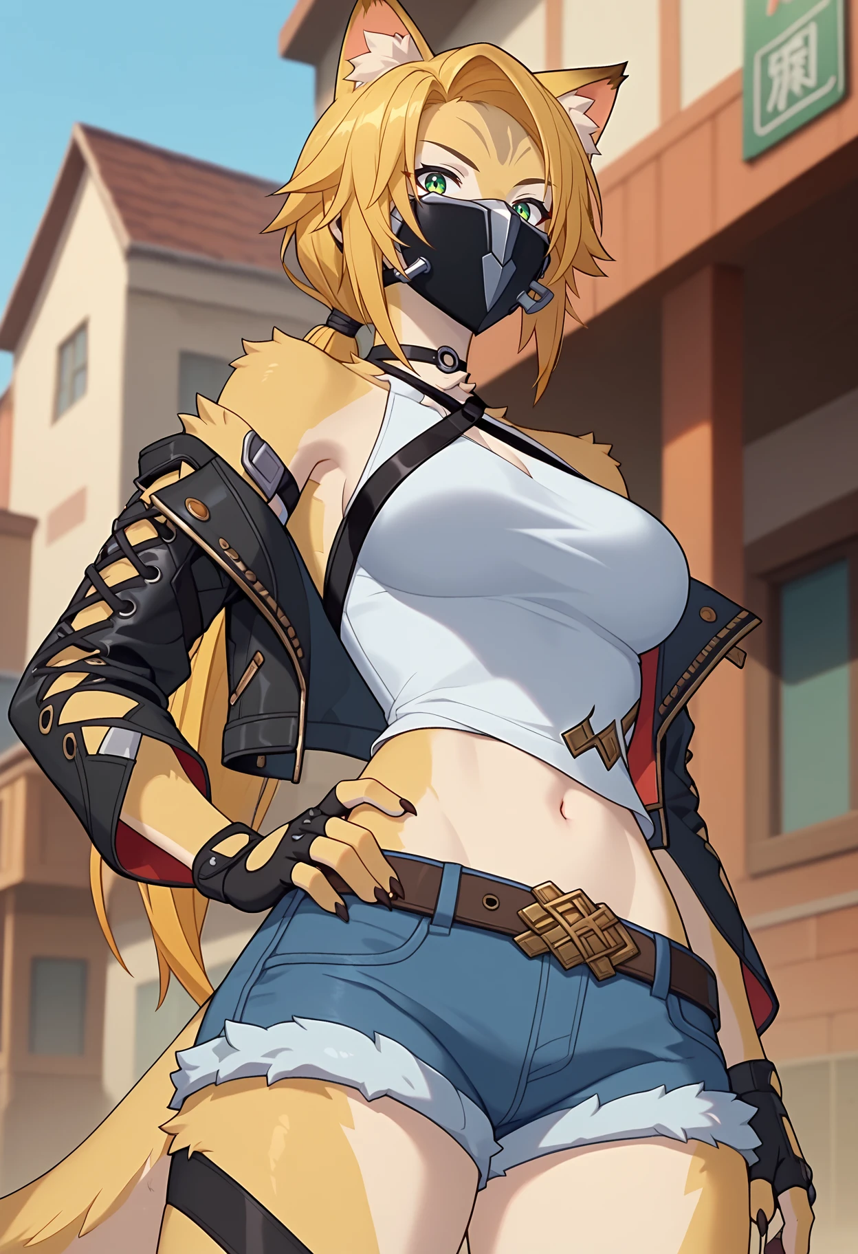 score_9, score_8_up, score_7_up, anime screencap, source_anime, 1girl, solo,
<lora:Pulchra_ZZZ_V1:.85>, KJOpulchra, furry female, animal ears, tail, blonde hair, green eyes, long hair, low ponytail, 
Mask, halterneck, tank top, straps, detached sleeves, leather jacket, denim shorts, fingerless gloves, 
serious, hand on own hip, looking at viewer, from below, 
cowboy western, wild west, town, 
(Beautiful, medium Breasts:1.2),