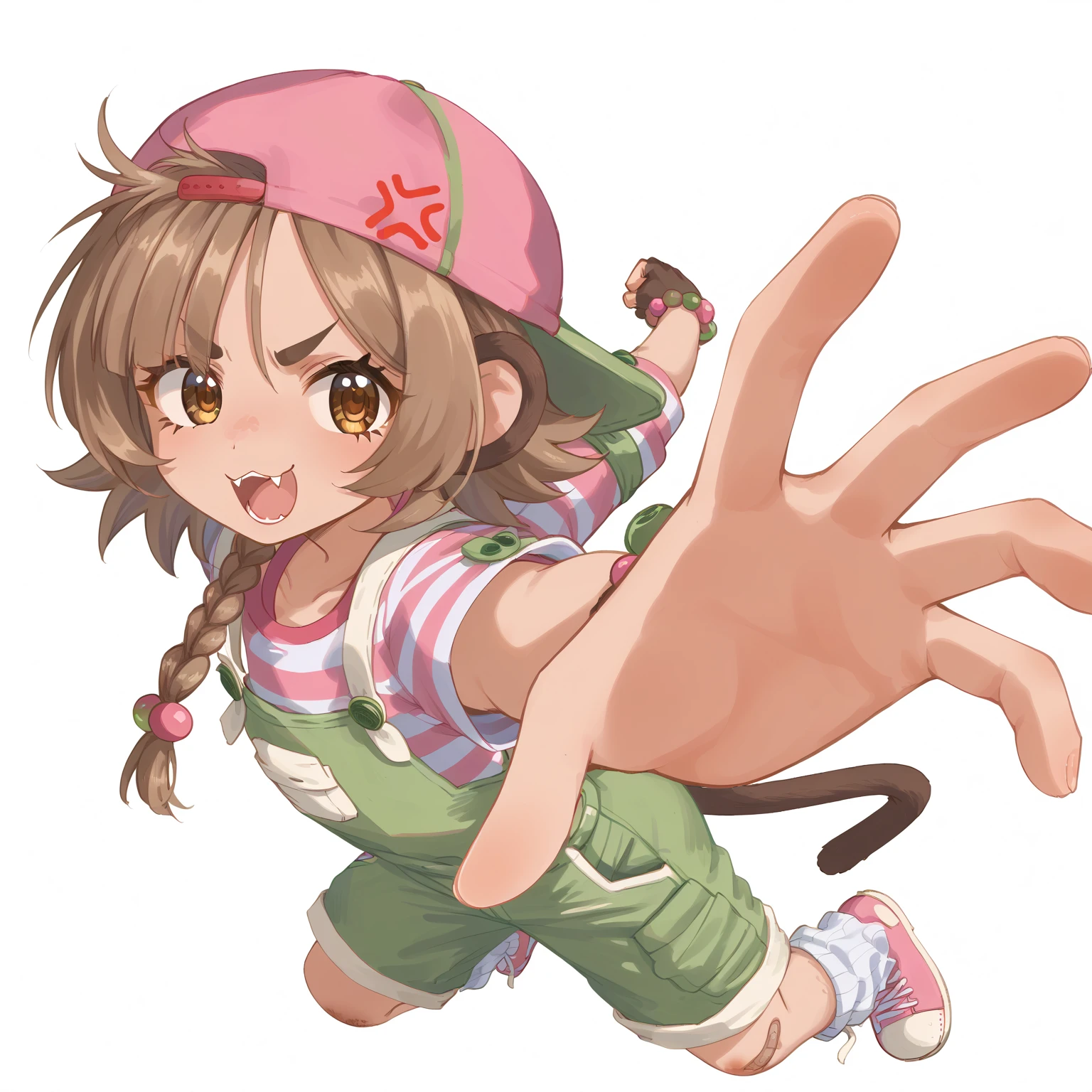 score_9, score_8, score_7, source_anime, BREAK simple background,
1girl, solo, monkey girl, tail, single braid, brown hair, fingerless gloves, skin fang, incrspunchmeme,
overalls, striped shirt, backwards hat, loose socks, pink shoes, bandaid on knee, looking at viewer,  open mouth, punching at viewer, POV, incoming punch, anger vein, fangs,
 <lora:mumkeydee_d33_v1:0.9> <lora:PepePunchMeme_XLPD:0.8>