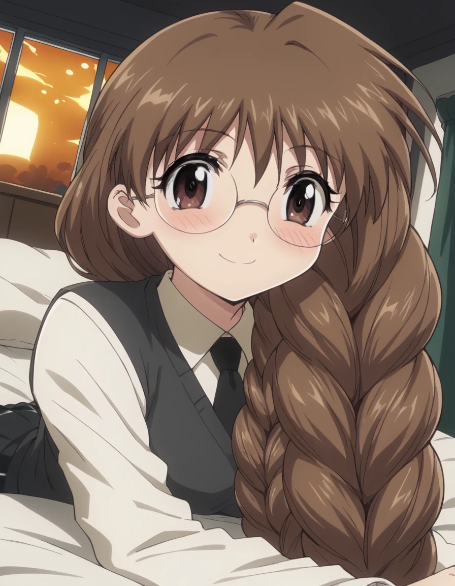 score_9, score_8_up, score_7_up, source_anime, <lora:koi-ui-chigusa-s1-ponyxl-lora-nochekaiser:1>, koi ui chigusa, brown hair, brown eyes, glasses, braid, hair braid, single braid, hair over shoulder, medium breasts,, skirt, school uniform, necktie, sweater vest,, indoors, bed, bedroom, on side, blush, drunk, , <lora:finger-heart-ponyxl-lora-nochekaiser:1>, finger heart, heart, blush, smile,, looking at viewer, solo,, dutch angle, cowboy shot