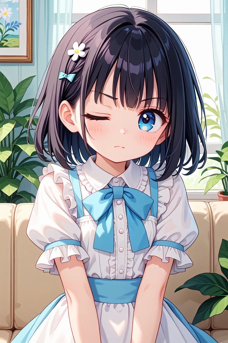 newest, masterpiece, best quality
BREAK
score_9, score_8_up, score_7_up, score_6_up, score_5_up, score_4_up
BREAK
cute round face, slender, kawaii, ultra cute girl, ultra cute face, ultra detailed eyes, ultra detailed hair, ultra beautiful,
1girl, solo,
Intricate details, Extremely detailed, Outstanding intricacies, Absurdres absolutely resolution, Serene atmosphere,
(Portrait, Face focus, shooting from front:1.2),
angry, closed mouth, Looking at viewer, one eye closed,
medium hair, black hair,
White ruffled blouse, saxe-blue ribbon tie, short ruffled sleeves and long layerd skirt,
Fashionable cafe living room, Decorative plants, Pastel cute sofa, Pastel cute curtains, Pastel cute wallpaper
<lora:wink2_right_xl_v10:1>