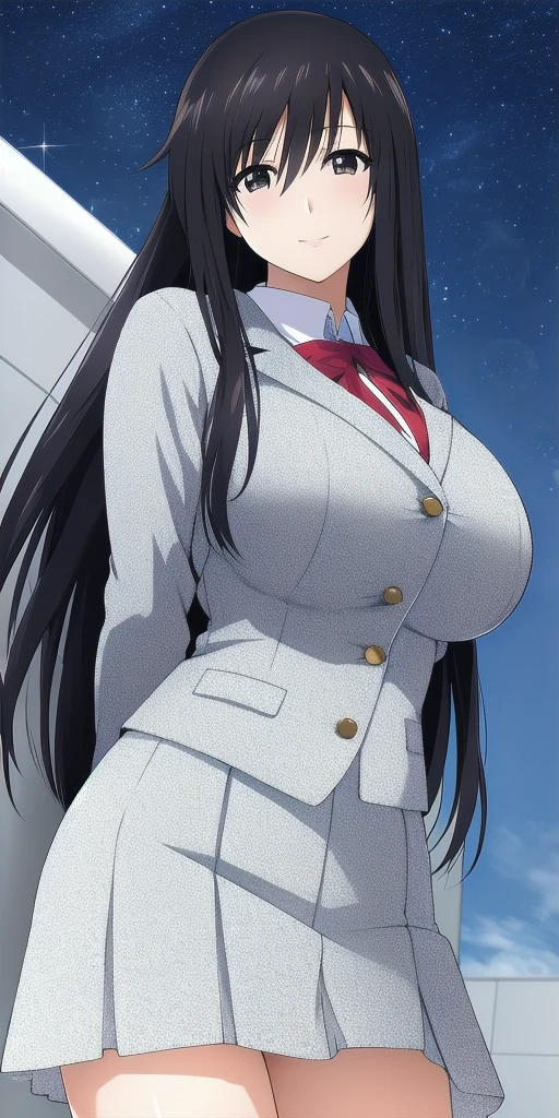 <lora:ohno_kanakoV7:0.7> ohno_kanako, huge_breasts, standing, solo, arms_behind_back, starry_sky, skirt_suit,, masterpiece, best_quality, detailed_face, detailed_eyes, highres, beautiful, detailed, absurdres,