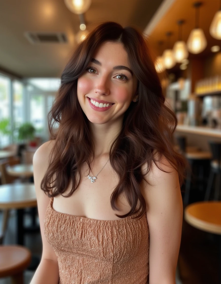 <lora:Breebunn_Flux:1> beautiful detailed photograph, brown  hair cascading over her shoulders, wearing a n elegant dress, standing in cafe looking at the viewer, smile