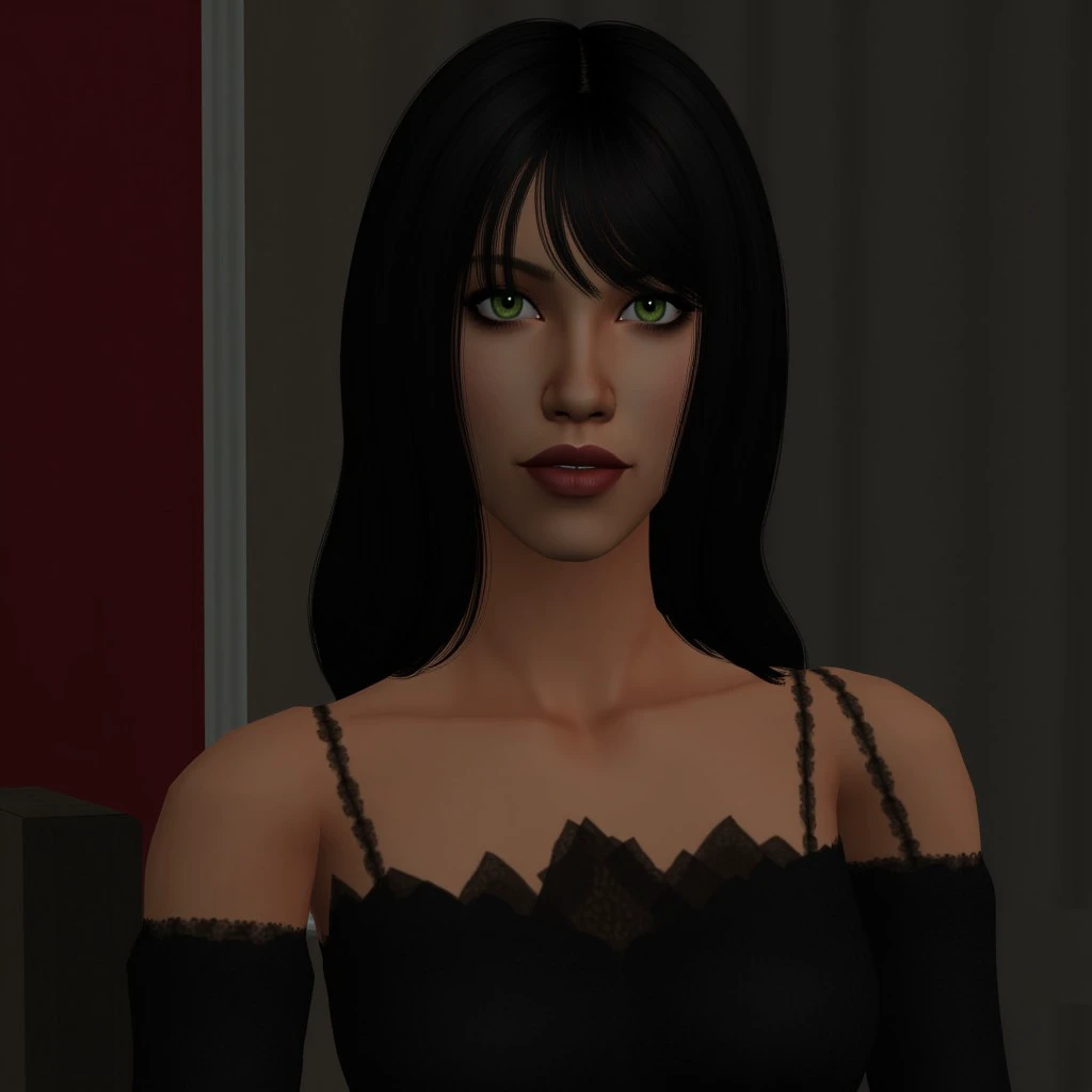 ts2style,Portrait,looking at viiewer,indoors,1woman, black hair, green eyes, black dress,dark makeup