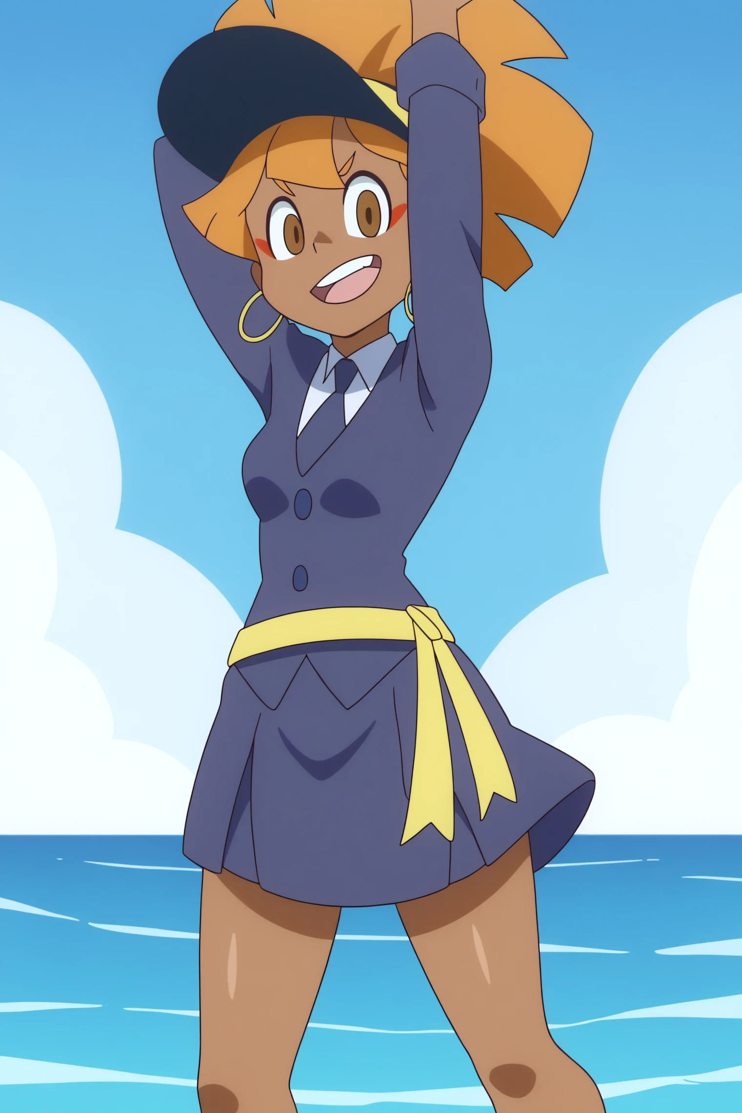 (best quality, top quality), masterpiece, best quality, 1girl, solo, dark skin, dark-skinned female, big hair, orange hair, blue headwear, blue_cap, brown eyes, ear piercing, smile, teeth, breasts, medium breasts, thick thighs, barefoot, luna nova , miniskirt, belt, full body,