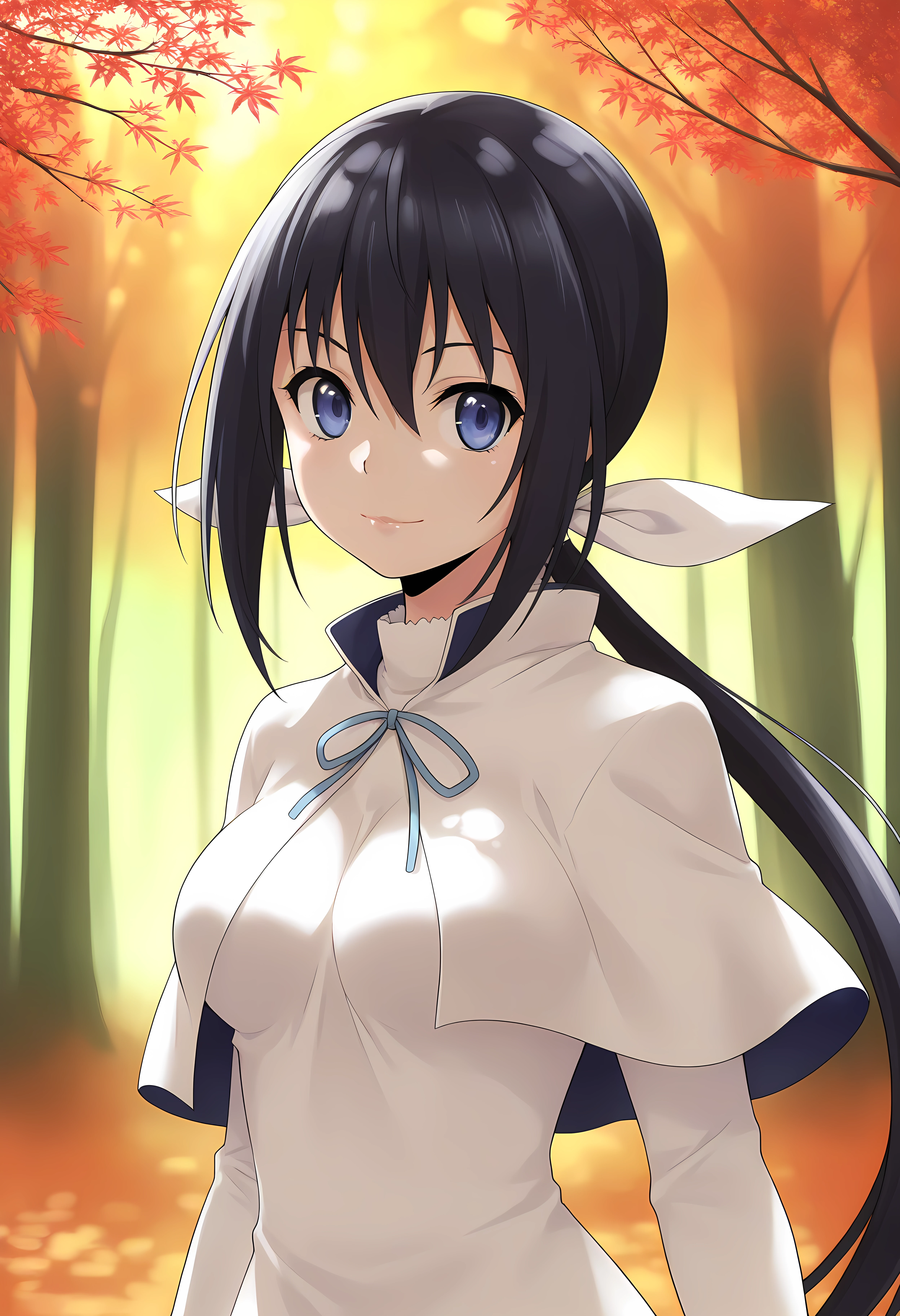 looking at viewer, shiny skin, upper body, light smile,ohwx, black_hair, 1girl, long_hair, ponytail, ribbon, blue_eyes, hair_ribbon, breasts, purple_eyes, low_ponytail, hair_between_eyes,dress, capelet, white_capelet, bow, white_dress, Japanese maple forest in autumn, vibrant colors, soft sunlight filtering through, calm and picturesque,<lora:nozomi_kaminashi_illustrious_sobsynapse-000002:1>