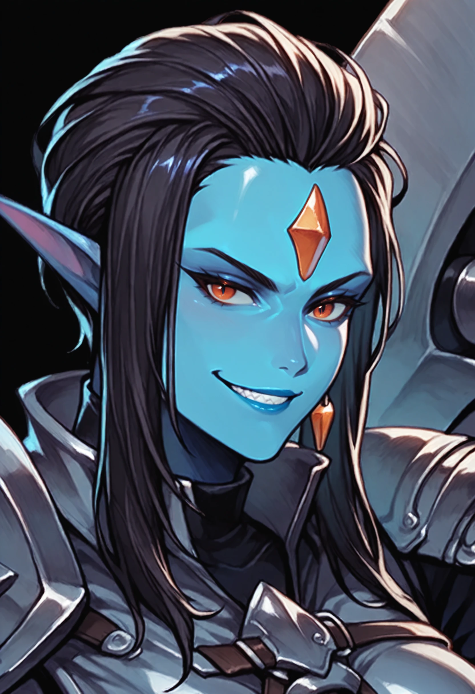 masterpiece, best quality, 1girl, solo, portrait, weapon over shoulder, gauntlets,  blue skin, hair slicked back, (sidelocks:1.2), holding weapon, short hair with long locks, pointy ears, grin, shoulder armor, chesplate, medium breasts, black background, high collar, open collar, grey armor, looking at viewer, bodysuit under clothes, hand up, orange eyes, forehead jewel, [black hair|(purple hair:0.5)], rim light, nose, tabard, harness, dangle earrings, blue lips, <lora:kingsstyle-illu-beta2-25:1>
