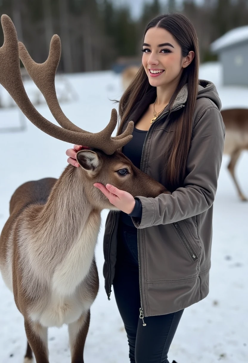 side portrait of MM woman petting a reindeer on the head, wearing a winter jacket, pants, boots, friendly smile, in a winter wonderland, snowy outdoors, animals in the background, snow falling, side view 