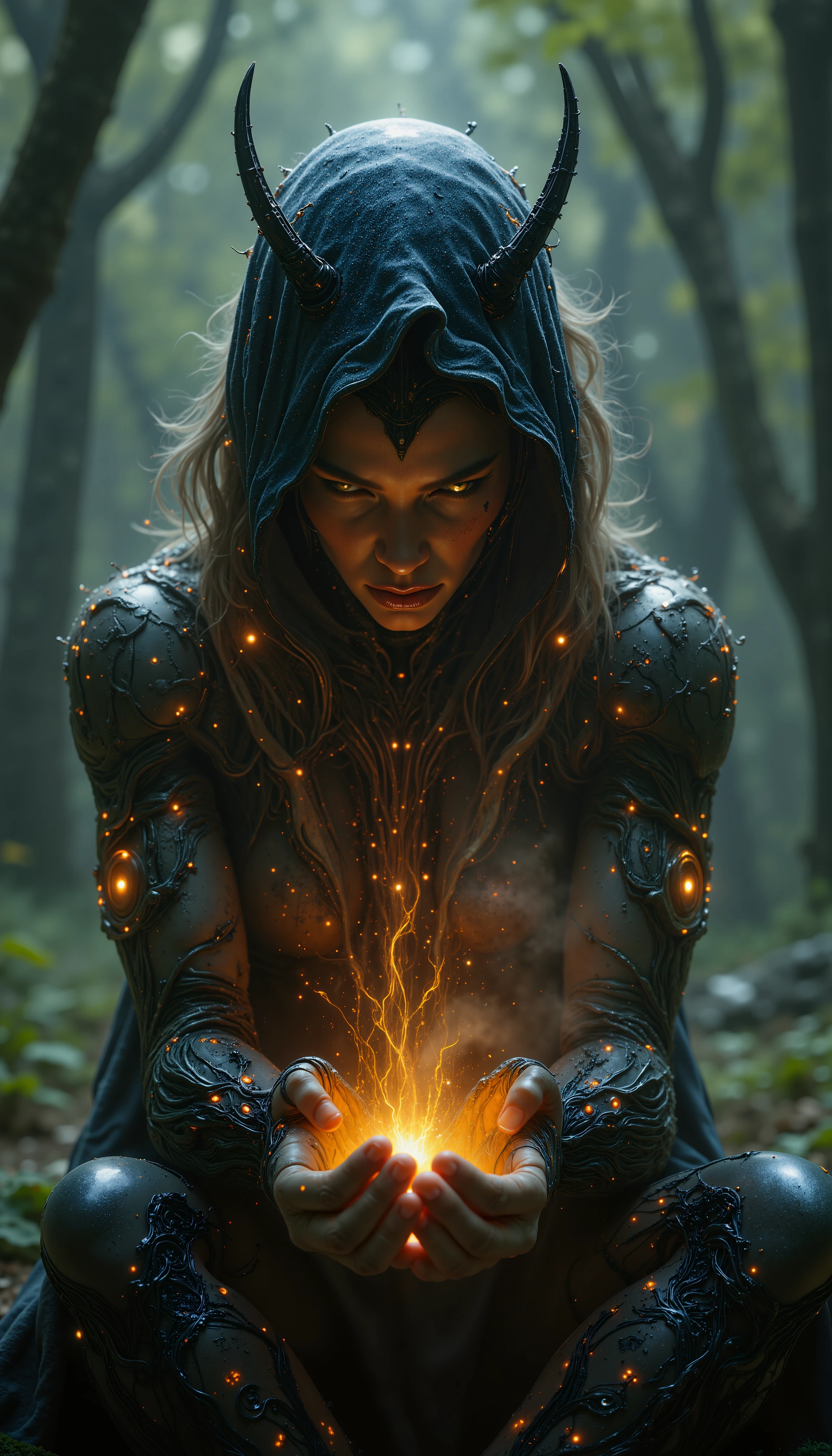 A photorealistic image of an enchanting witch with cybernetic skin and implants doing a ritual in the forest.