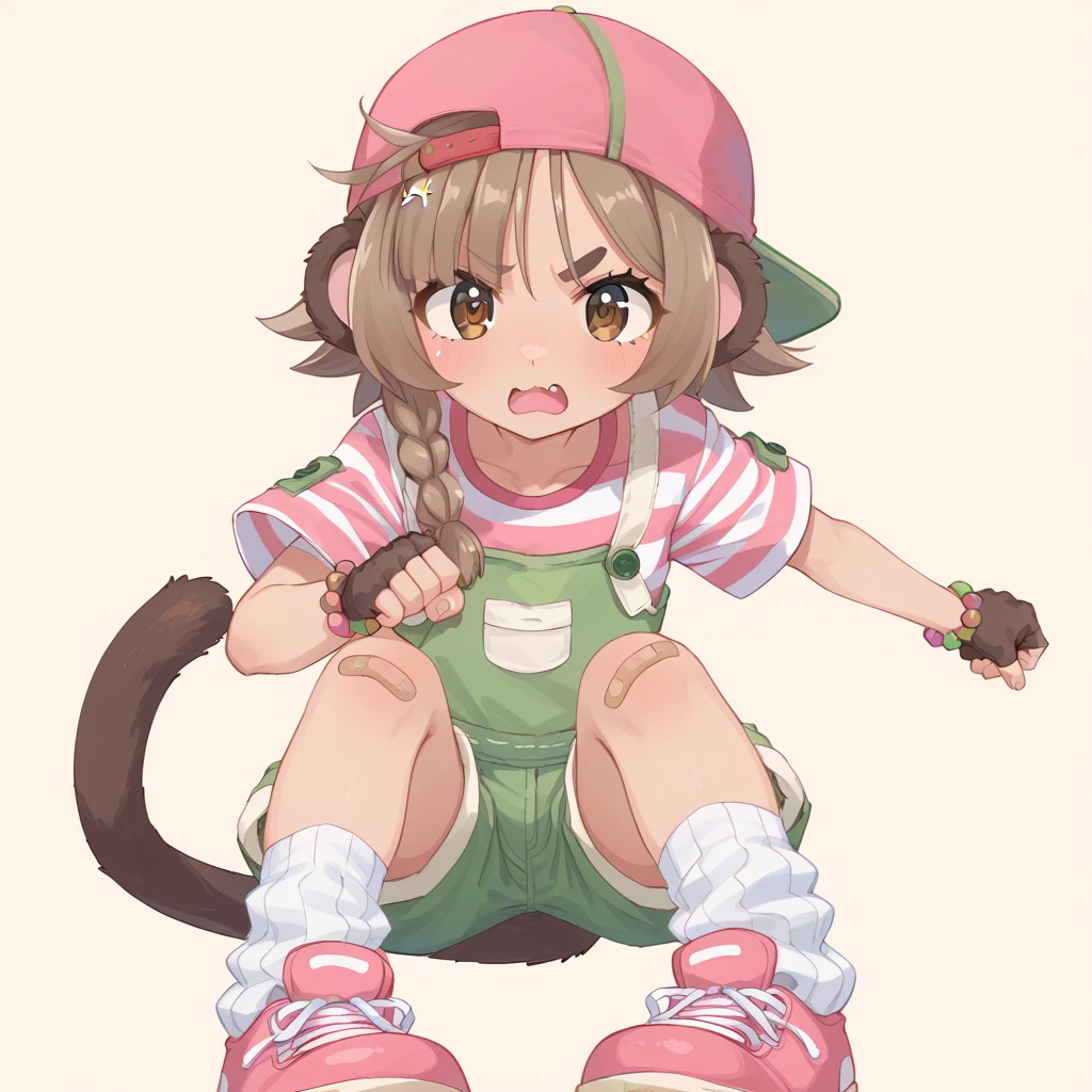 score_9, score_8, score_7, source_anime, BREAK simple background,
1girl, solo, monkey girl, tail, single braid, brown hair, fingerless gloves, skin fang,
overalls, striped shirt, backwards hat, loose socks, pink shoes, bandaid on knee, looking at viewer,  open mouth, punching viewer, POV, incoming punch, anger vein,
 <lora:mumkeydee_d33_v1:0.8>