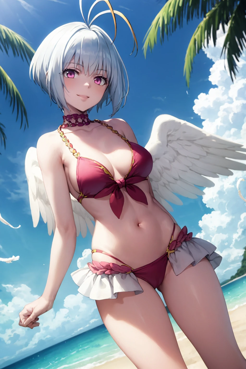 masterpiece, best quality,
1girl,  fitoria, white hair,  pink eyes, short hair, antenna hair,
feathered wings,
(bikini:1.3),
smile, solo, looking at viewer, sea, sand, blue sky, tropical island background   <lora:Fitoria_byKonan:1>