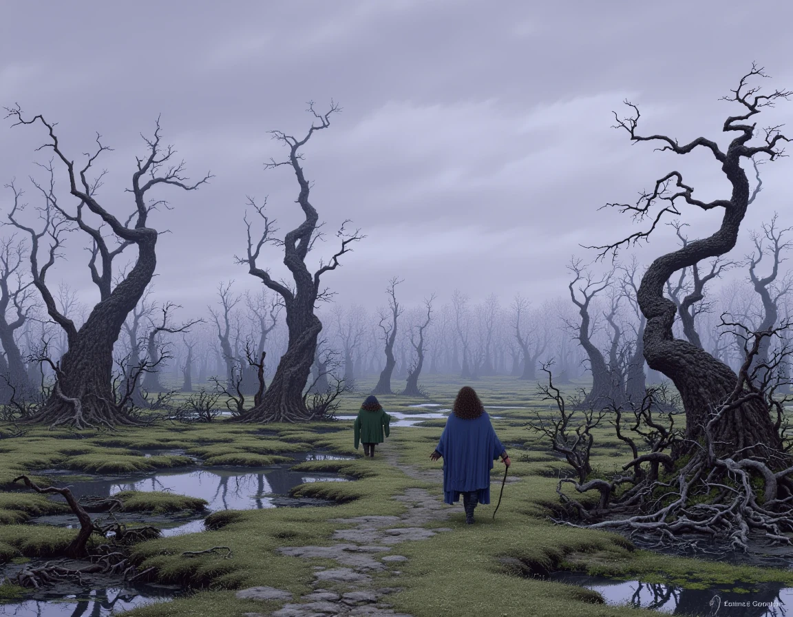 a painting of the Fellowship of the Ring, Bilbo and Aragorn stumbling through the dead marshes stretch endlessly under a gray sky, their stagnant pools reflecting pale lights that dance beneath the surface. Twisted trees rise from small islands of solid ground, their branches heavy with hanging moss. A thick mist clings to the water's surface, obscuring distant horizons.
<lora:TedNasmith_MiddleEarth-flux-v1:1.25>