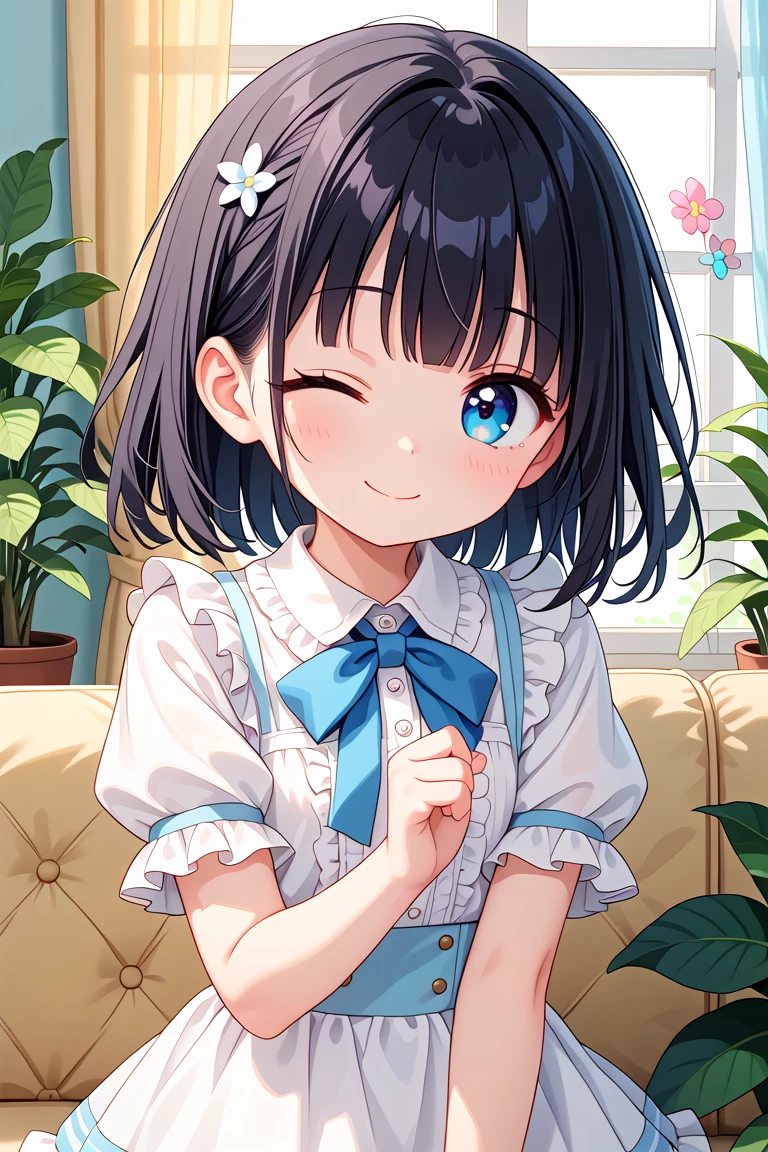 newest, masterpiece, best quality
BREAK
score_9, score_8_up, score_7_up, score_6_up, score_5_up, score_4_up
BREAK
cute round face, slender, kawaii, ultra cute girl, ultra cute face, ultra detailed eyes, ultra detailed hair, ultra beautiful,
1girl, solo,
Intricate details, Extremely detailed, Outstanding intricacies, Absurdres absolutely resolution, Serene atmosphere,
(Portrait, Face focus, shooting from front:1.2),
smile, closed mouth, Looking at viewer, one eye closed,
medium hair, black hair,
White ruffled blouse, saxe-blue ribbon tie, short ruffled sleeves and long layerd skirt,
Fashionable cafe living room, Decorative plants, Pastel cute sofa, Pastel cute curtains, Pastel cute wallpaper
<lora:wink1_right_xl_v10:1>