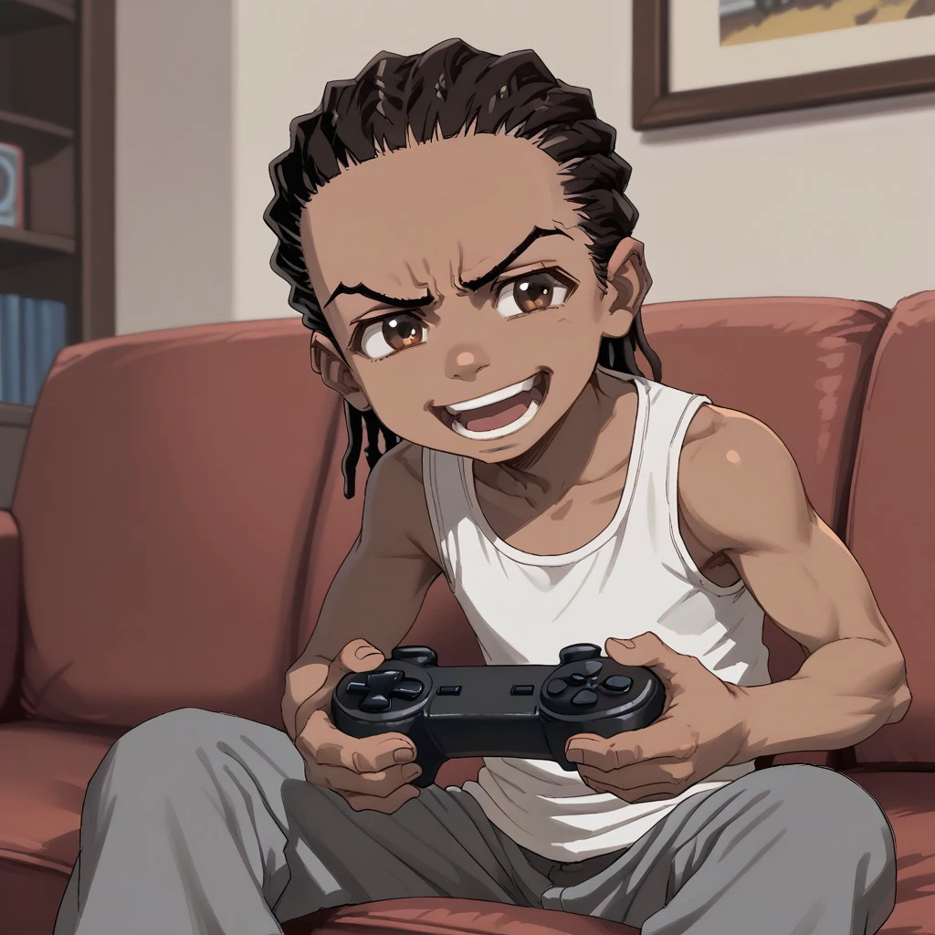 score_9, score_8, score_7, break, solo, male child, riley_f, 1boy, dark-skinned male, black hair, dreadlocks, brown eyes, tank top, pants, open smile, cute, game controller, sofa