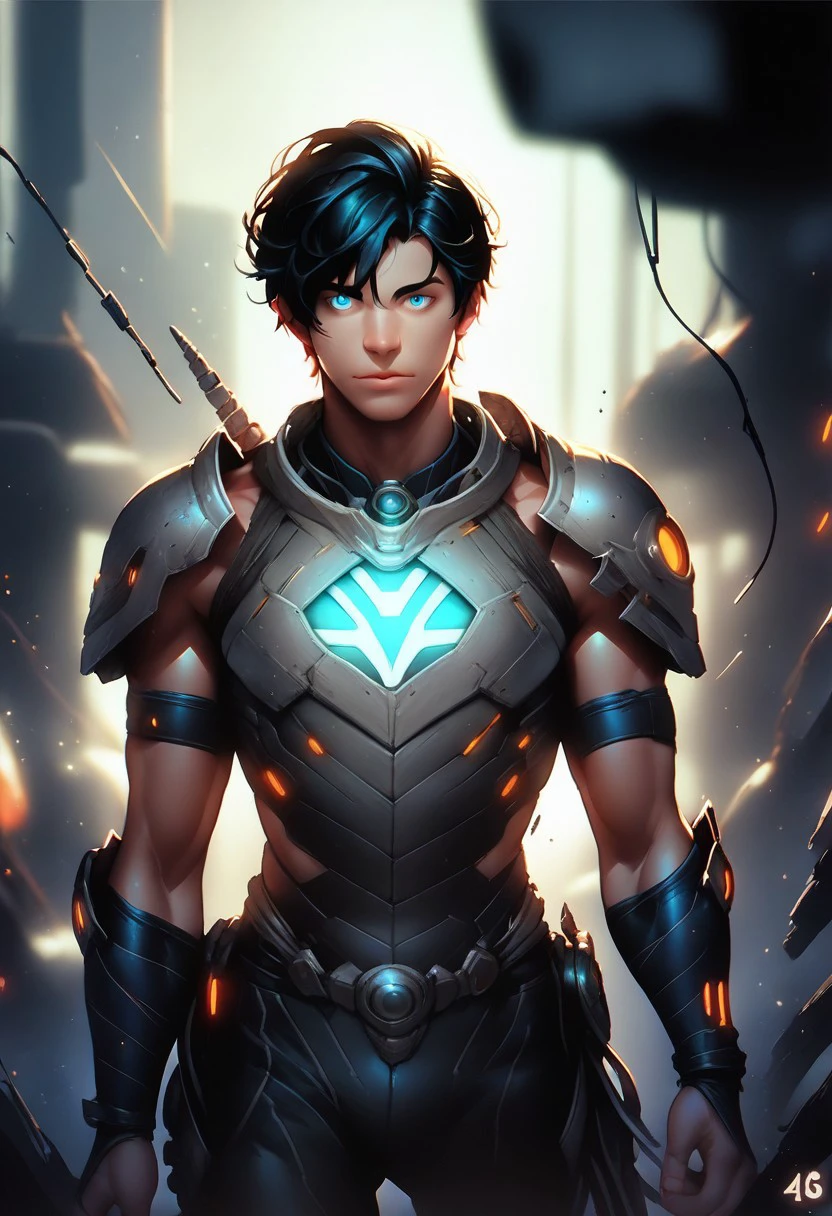 PonyXLV6_Scores BREAK Osenayan Illustration Style, solo, looking at viewer, short hair, blue eyes, black hair, 1boy, male focus, armor, muscular, glowing, science fiction, source_comic, source_cartoon, comic art style