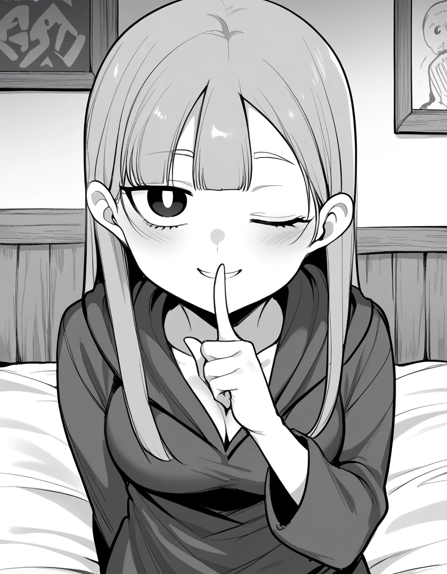 score_9, score_8_up, score_7_up, source_anime, <lora:chunja-manhwa-ponyxl-lora-nochekaiser:1>, chunja, monochrome, greyscale,  bangs, blunt bangs, black eyes, bright pupils, long hair, medium breasts,, hood, hoodie, long sleeves, cleavage, collarbone,, hotel, rooms, lobby, guests, beds, , <lora:shushing-ponyxl-lora-nochekaiser:1>, shushing, finger to mouth, index finger raised, from above, library, smile, blush, one eye closed, dutch angle,, looking at viewer, solo,, dutch angle, cowboy shot