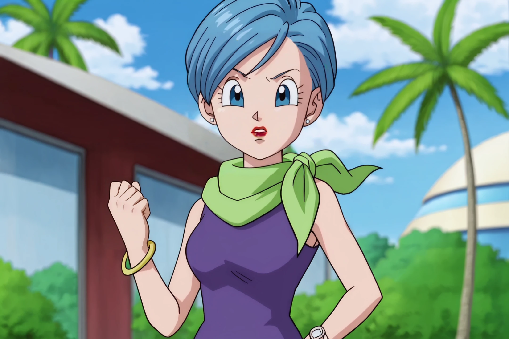 source_anime, score_9, score_8_up, score_7_up, anime screencap,8k, absurd res,
bulma, 1girl, solo, looking at viewer, short hair, blue eyes, jewelry, blue hair, earrings, outdoors, sky, sleeveless, day, cloud, scarf, :o, bracelet, tree, blue sky, neckerchief, green neckwear, eyelashes, makeup, sleeveless dress, umbrella, cloudy sky, lipstick, purple dress, watch, palm tree, wristwatch, green scarf, arm by side, clenched hand
 <lora:bulmaDBS_pony_v3:0.8>