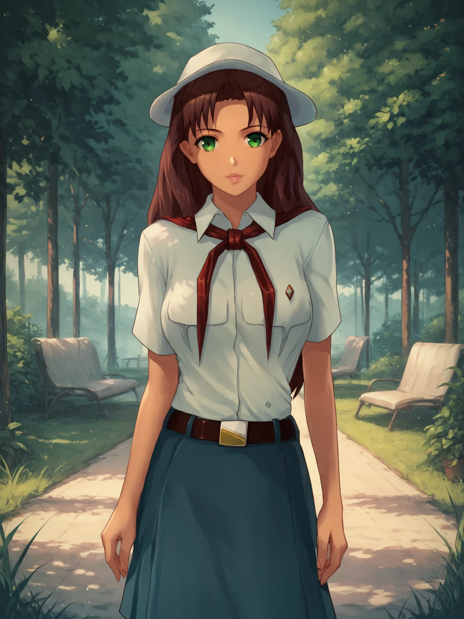 <lora:Everlasting_Summer:1>,safe_pos, score_9, score_8_up, score_7_up,score_6_up,olga,everlasting summer,long hair,brown hair,1girl,solo,green eyes,looking at viewer,looking at viewer,outdoors,belt,skirt,shirt,hat