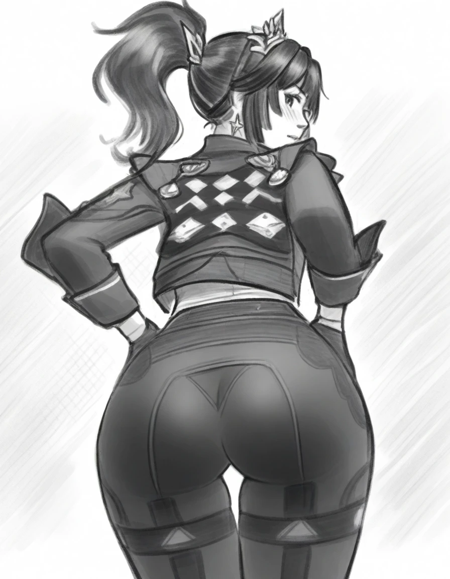 C4L4M4R1C4K35, pencil drawing, 1girl, solo, monochrome, ponytail, ass, greyscale, looking back, from behind, <lora:Calamari Cake-ILLXL_v1.0:1>