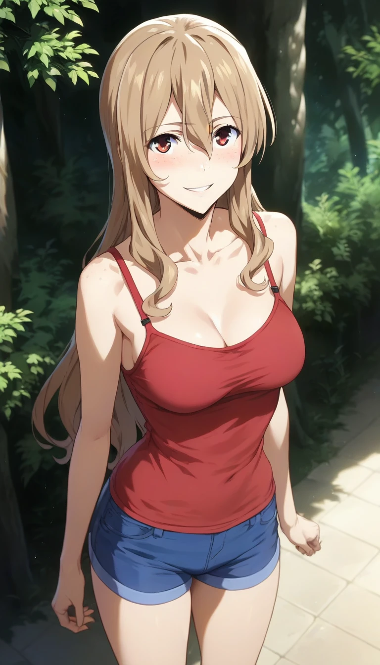 score_9,score_8_up,score_7_up,score_6_up BREAK official art,solo,outdoors,cowboy shot,looking at viewer,facing viewer,smile,blush,Aoki Clair,brown hair,long hair,bangs,sidelocks,parted bangs,brown eyes,hair between eyes,freckles,collarbone,cleavage,red camisole,medium breasts,denim shorts,short shorts,bare legs,purple sneakers,<lora:Aoki Clair(gleipnir)-Pony:1.6>,