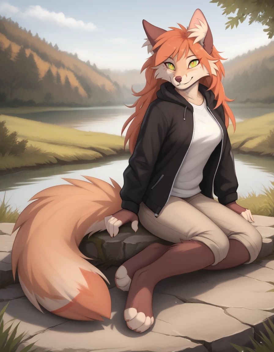 outdoors,detailed background,
Kiri,1girl,solo,animal ears,furry female,body fur,snout,animal nose,green eyes,tail,bangs,white fur,long hair,two-tone fur,orange hair,red hair,animal ear fluff,brown fur,fox ears,sidelocks,fox girl,yellow eyes,fox tail,
smile,parted lips,
full body,pose,
<lora:Kiri_v01_PDXL:1>,