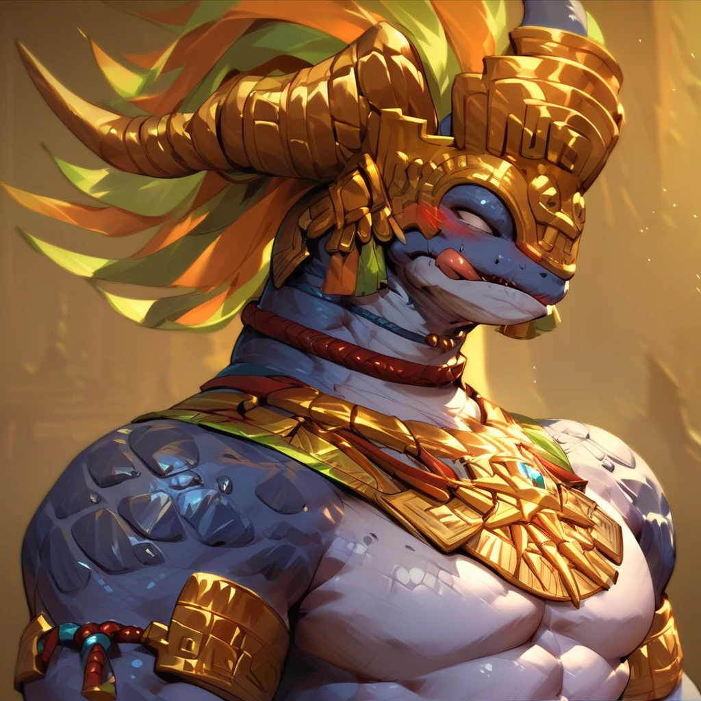 score_9, score_8_up, score_8, score_7_up, score_7, source_furry, rating_explicit, uncensored, masterpiece, high quality, best quality,ZoraalJa, solo, furry male, reptile, white eyes, tribal jewelry, necklace, feathered headdress, gold headwear, blue scales, blue body, armlet, upper body, blush, tongue out