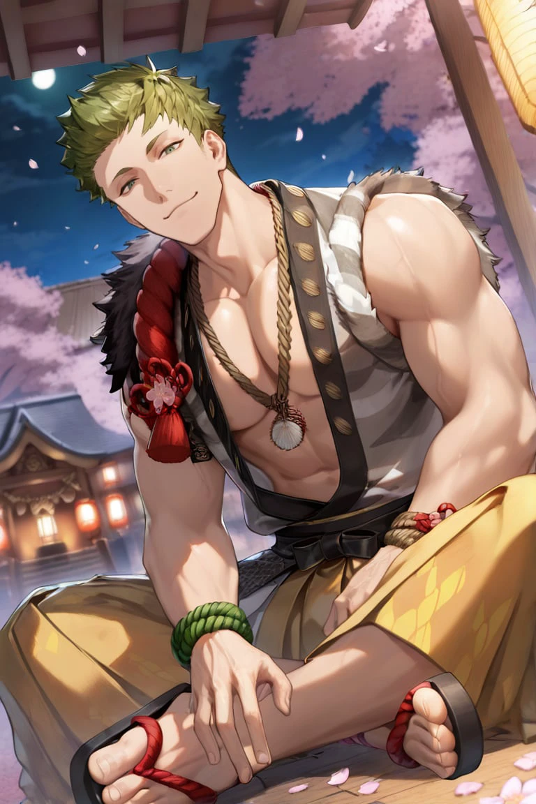 solo, 1boy, muscular male, kongou_\(black_star\),blue-green eyes, green hair, short hair, BREAK, traditional japanese outfit, sleeveless long haori over bare skin, reddish fur trim haori, untucked open clothes, official alternate costume, yellow-green gradient hakama, rope necklace, green thick rope tied around one shoulder, sandals, BREAK, vivid expression, light smile, looking at viewer, greenish patterned wristband, BREAK, full body, dutch angle, indian style sitting, japanese shrine, sakura blossom, petals, night, lanterns, moonlight, romantic, cinematic, BREAK, (bara style: 0.8), detailed, masterpiece, best quality, latest, 8k, good lighting, depth of field
