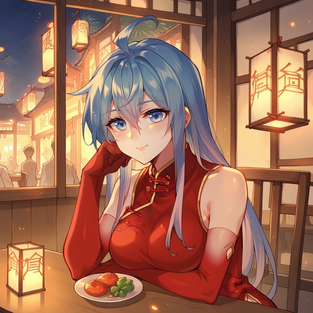 score_9_up, score_8_up, score_7_up, source_anime, 1girl, solo, Chinese interior, Chinese restaurant, dimmed light, lanterns, night, window, indoors, sitting across table, upper body, face focus, gentle smile, slight blush, head rest, looking at you, WangQiu, Er_4th, gradient hair, blue hair, pink hair, blue eyes, long hair, ahoge, sleeveless dress, black pantyhose, side slit, red pelvic curtain, red dress, china dress, elbow gloves, red gloves, mature body, dynamic cowboy shot, 