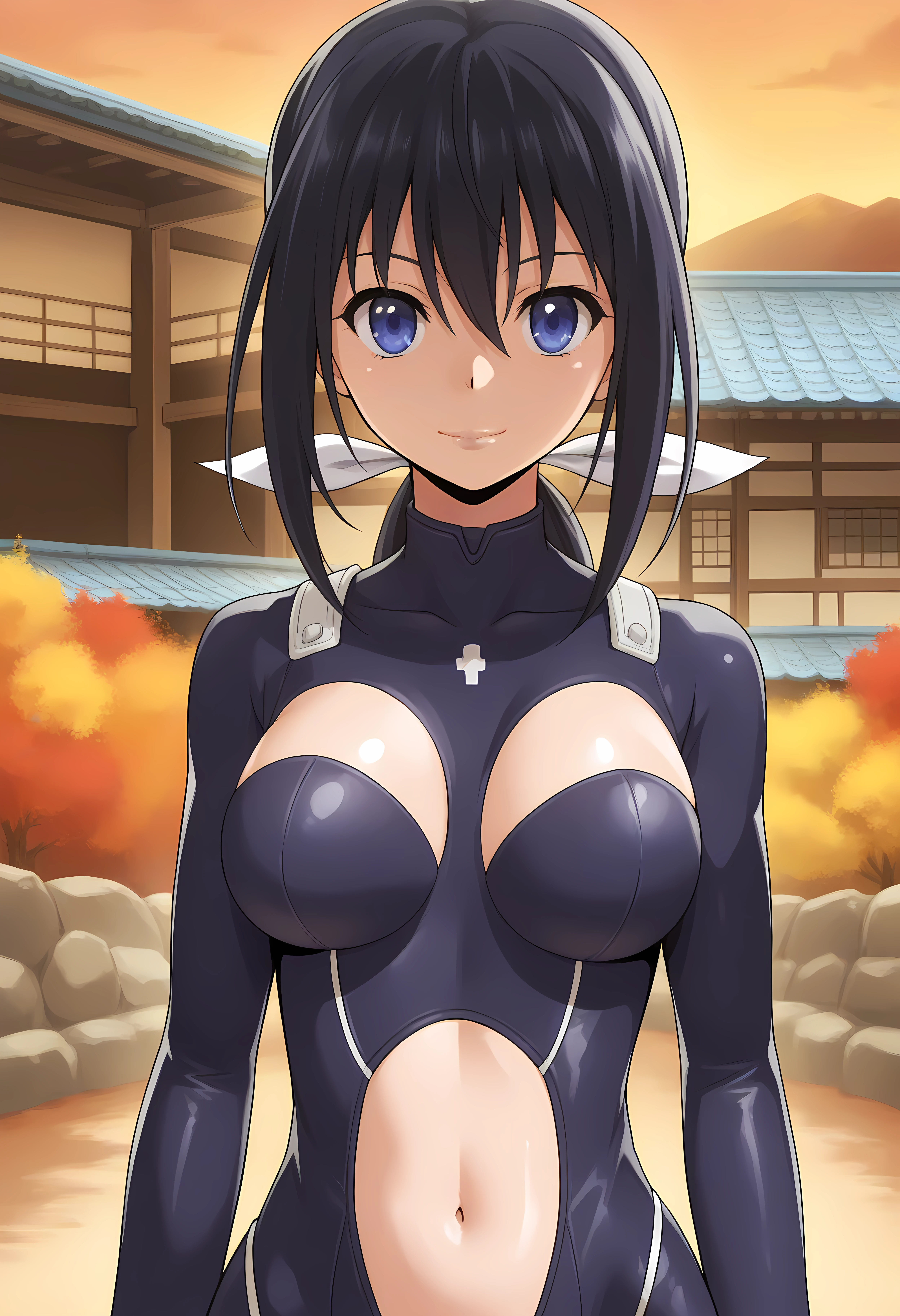 looking at viewer, shiny skin, upper body, light smile,ohwx, black_hair, 1girl, long_hair, ponytail, ribbon, blue_eyes, hair_ribbon, breasts, purple_eyes, low_ponytail, hair_between_eyes,navel, bodysuit, clothing_cutout, navel_cutout, pilot_suit, Japanese mountain village with thatched roofs, autumn colors, warm and cozy ambiance, serene atmosphere,<lora:nozomi_kaminashi_illustrious_sobsynapse-000002:1>