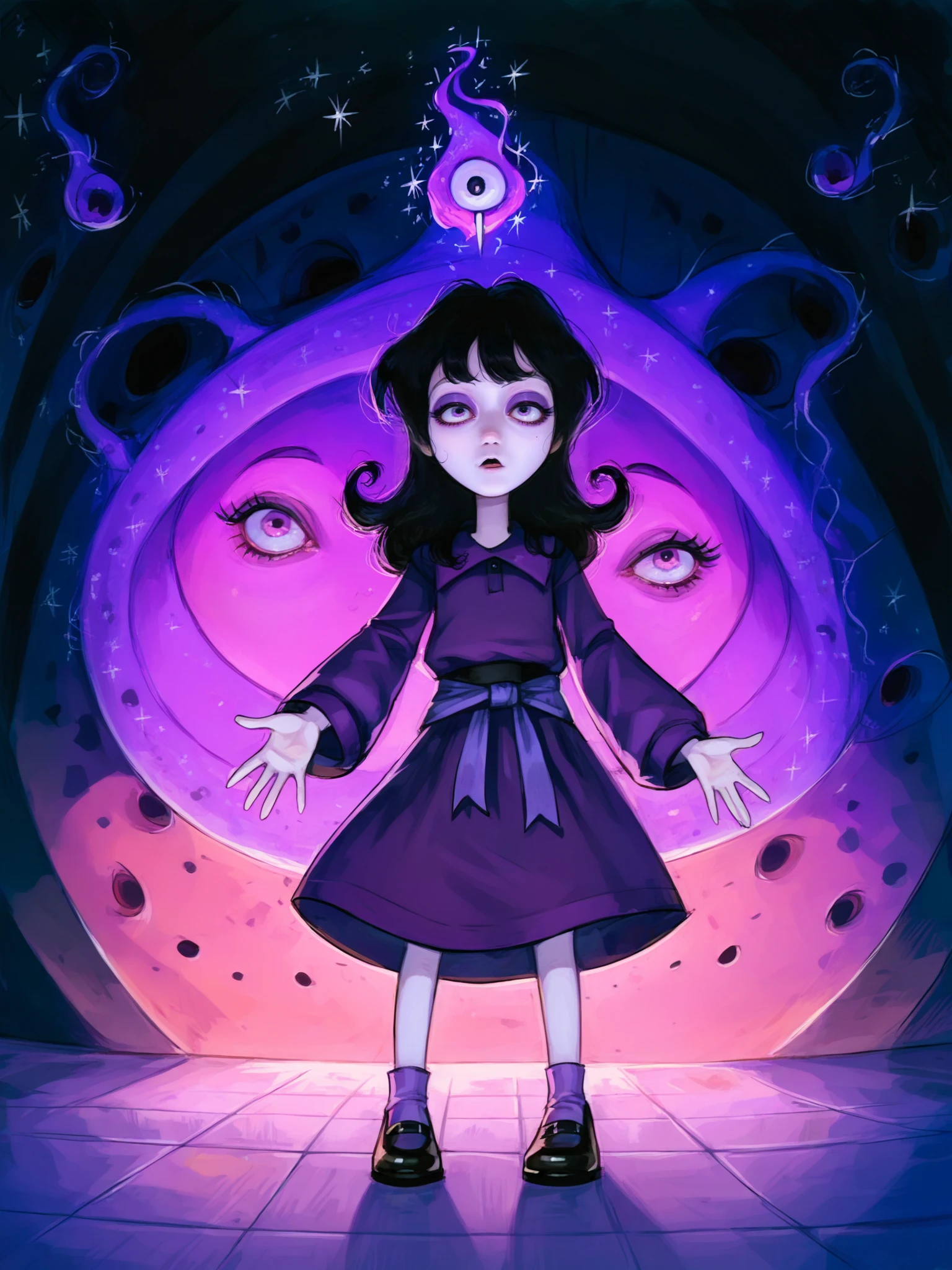 <lora:Horror_anime_style:1>, score_9, score_8_up, score_7_up, score_6_up,   <lora:Lydia_Deetz:0.6> lydia deetz, 1girl, solo, pale skin, eye shadow, black hair, topknot, purple dress, sash, magic, horror \(theme\), full body