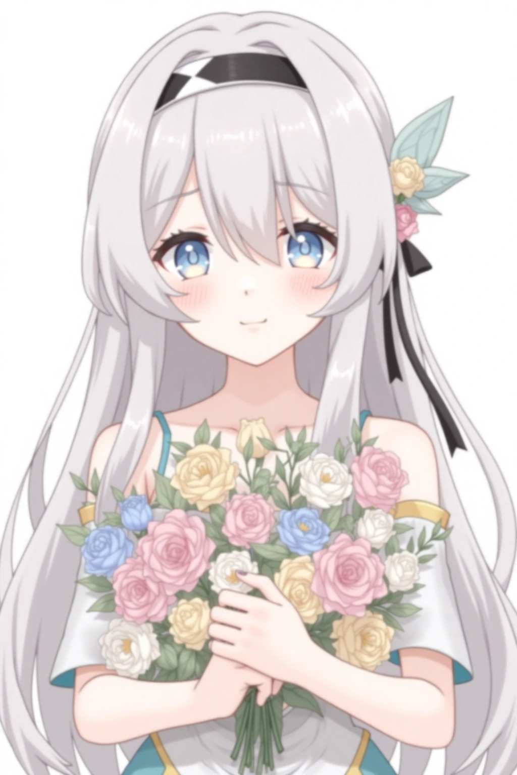 1girl, solo, long hair, looking at viewer, smile, bangs, blue eyes, hair ornament, holding, hair between eyes, closed mouth, upper body, flower, grey hair, hairband, headband, bouquet, holding bouquet