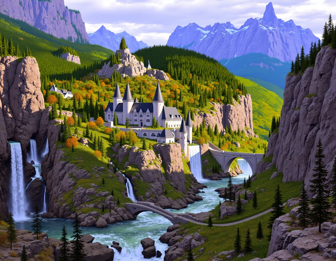 a painting of 
Rivendell nestles in its hidden valley like a jewel in a protective setting, its elegant architecture seeming to grow from the very cliffs. Countless waterfalls cascade around and through the Last Homely House, their spray creating permanent rainbows in the perpetual autumn light. Delicate bridges span the rushing waters of the Bruinen, while the surrounding peaks ensure that the valley remains hidden from unfriendly eyes.
<lora:TedNasmith_MiddleEarth-flux-v1:1.15>