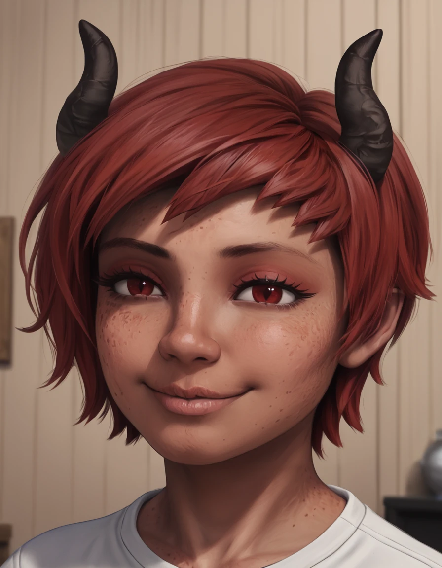 indoors,detailed background,
Lilith,1girl,solo,red hair,short hair,freckles,horns,red eyes,realistic,demon girl,demon horns,dark skin,body freckles,long eyelashes,
upper body,headshot,seductive smile,
 <lora:Lilith_v01_PDXL:1>,